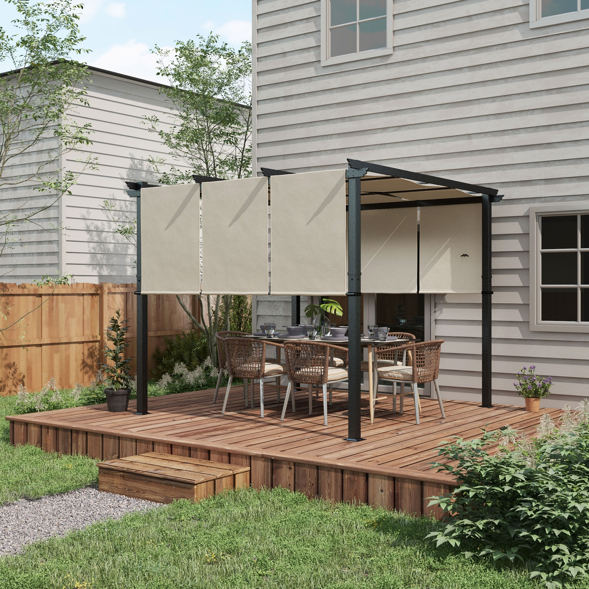 Una mesa de comedor con sillas de ratán bajo una pérgola con toldos.