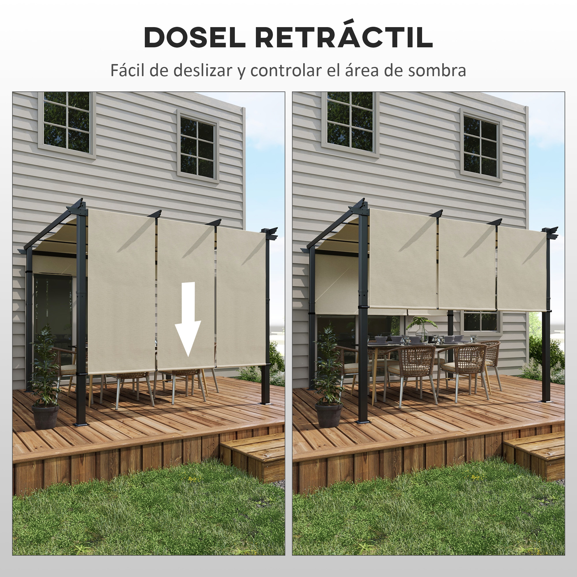 Pérgola de patio con toldos retráctiles, el lado derecho muestra mesa y sillas.