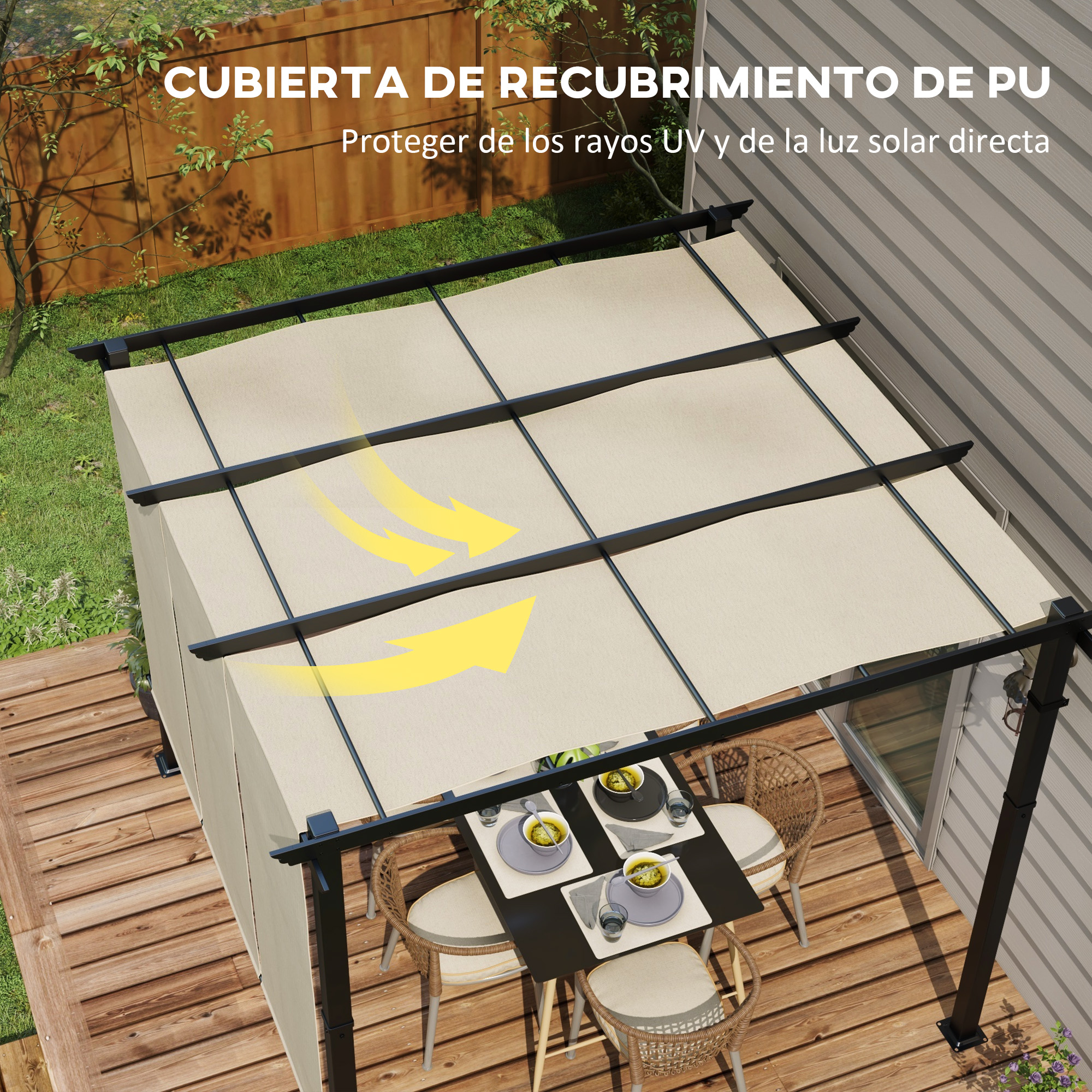 Una pérgola beige con marco negro protege una mesa con sillas del sol y los rayos UV.