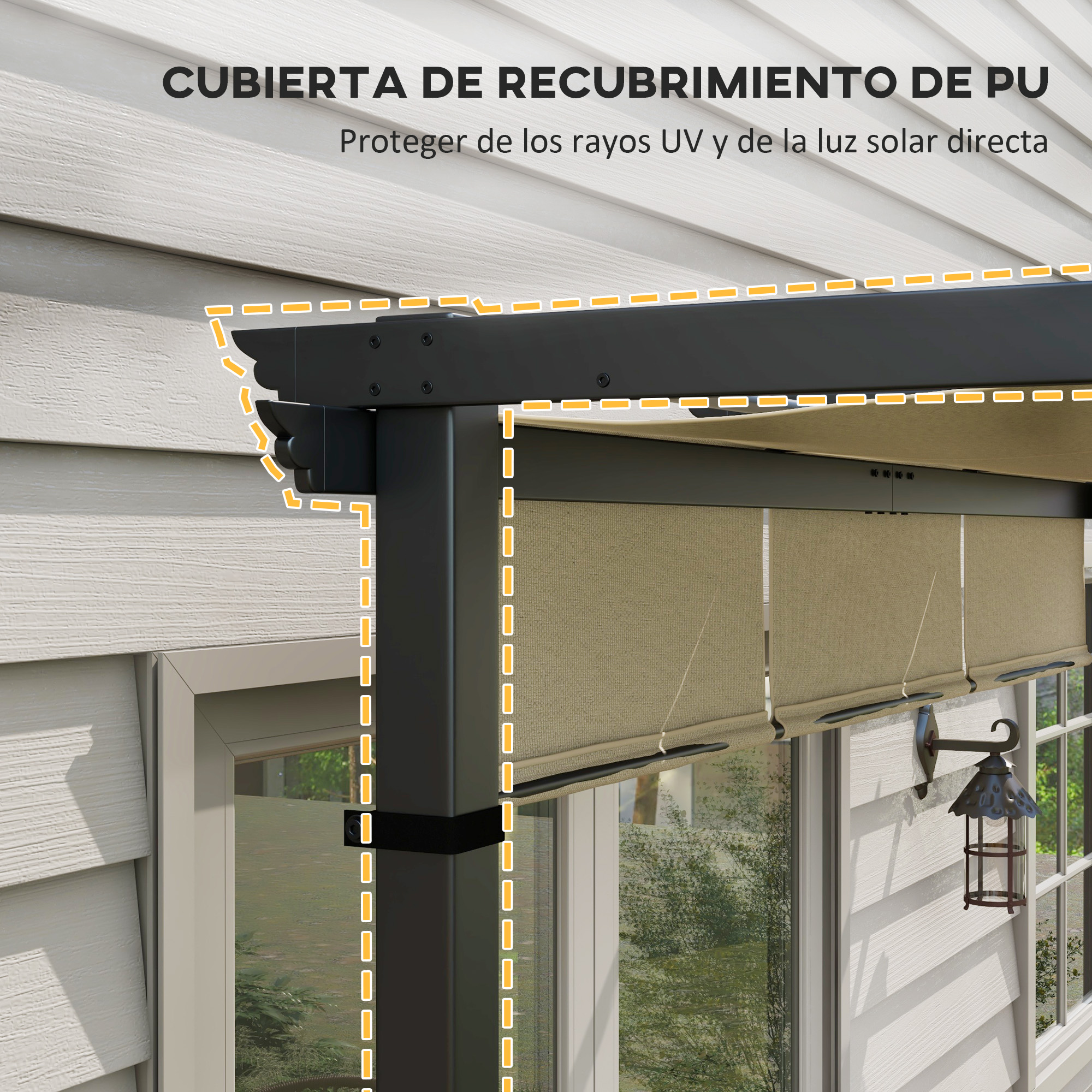 Marco de pérgola negro con toldo y persianas beige montado en casa blanca.