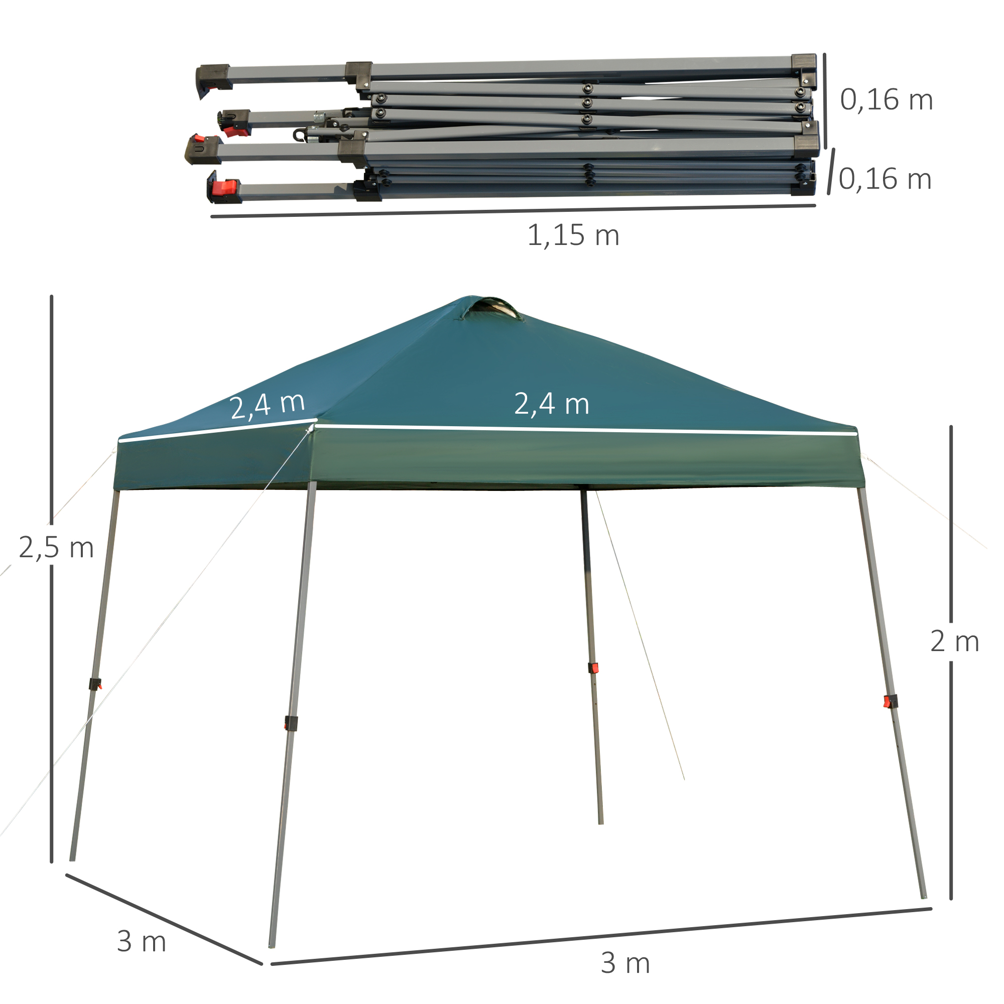 Una carpa verde oscuro, 3x3m, 2.5m de altura, marco plegado arriba.