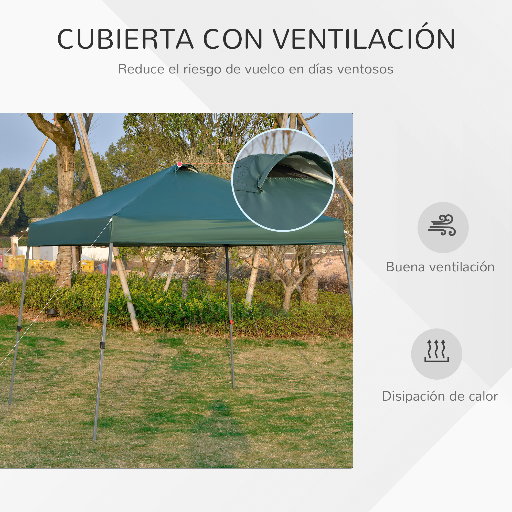 Tienda verde oscura con ventilación sobre césped.