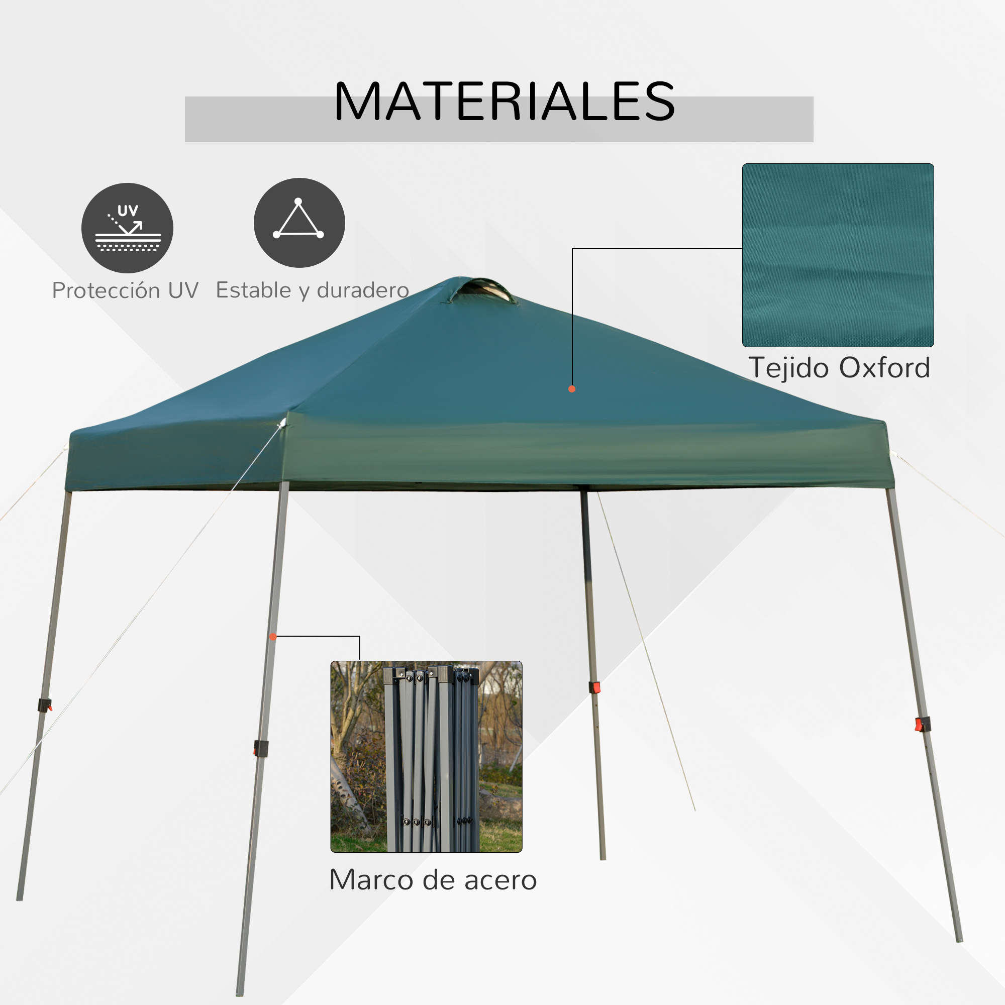Toldo verde con protección UV, marco de acero estable y duradero.