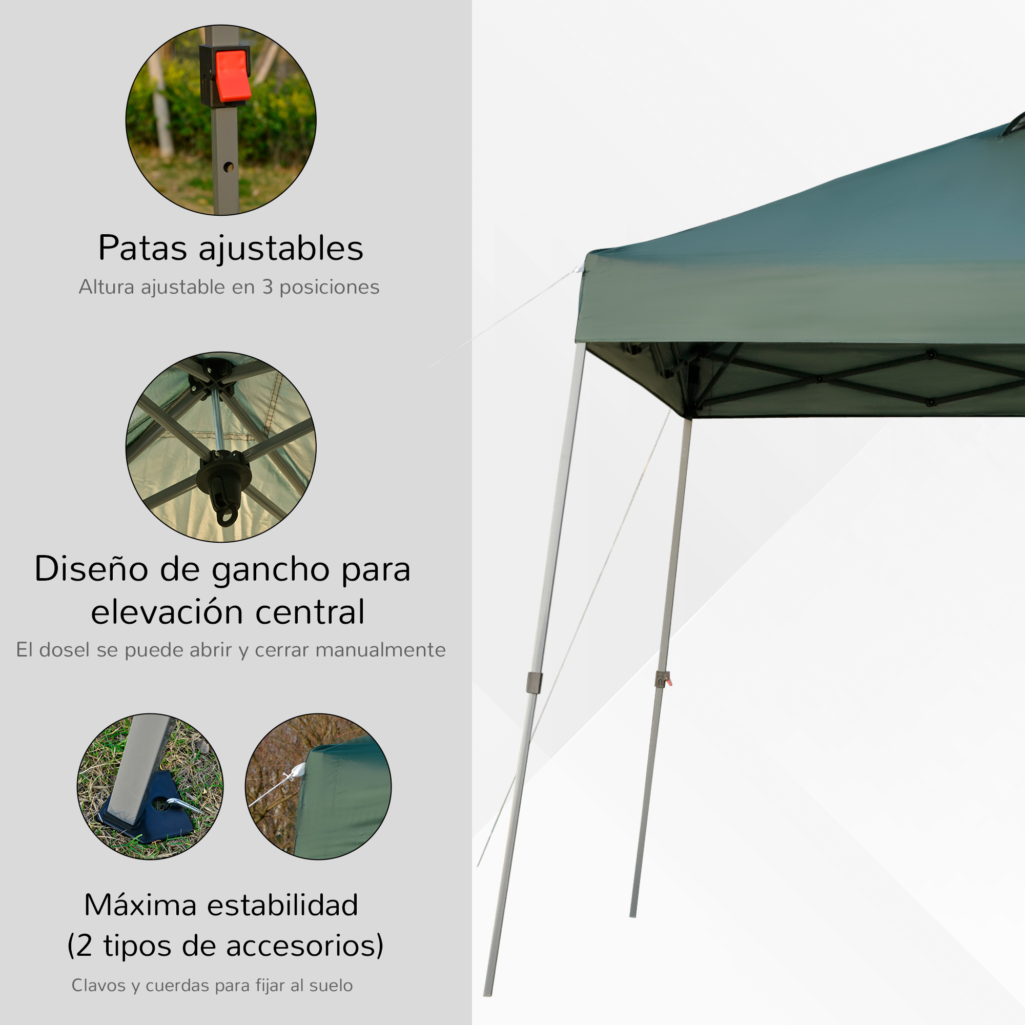 Una carpa verde con patas ajustables y accesorios de fijación.