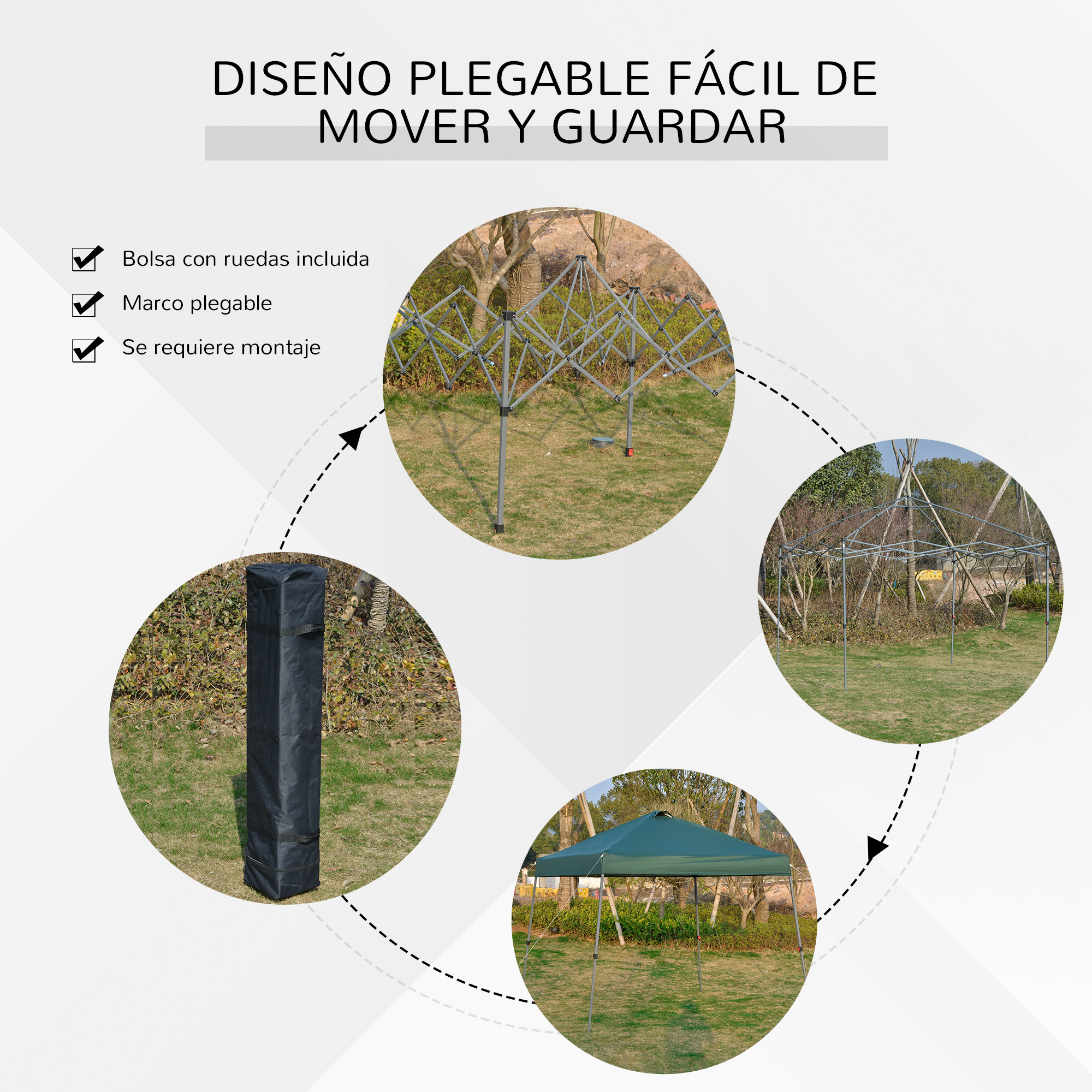 Una carpa plegable con marco y bolsa, sobre césped.