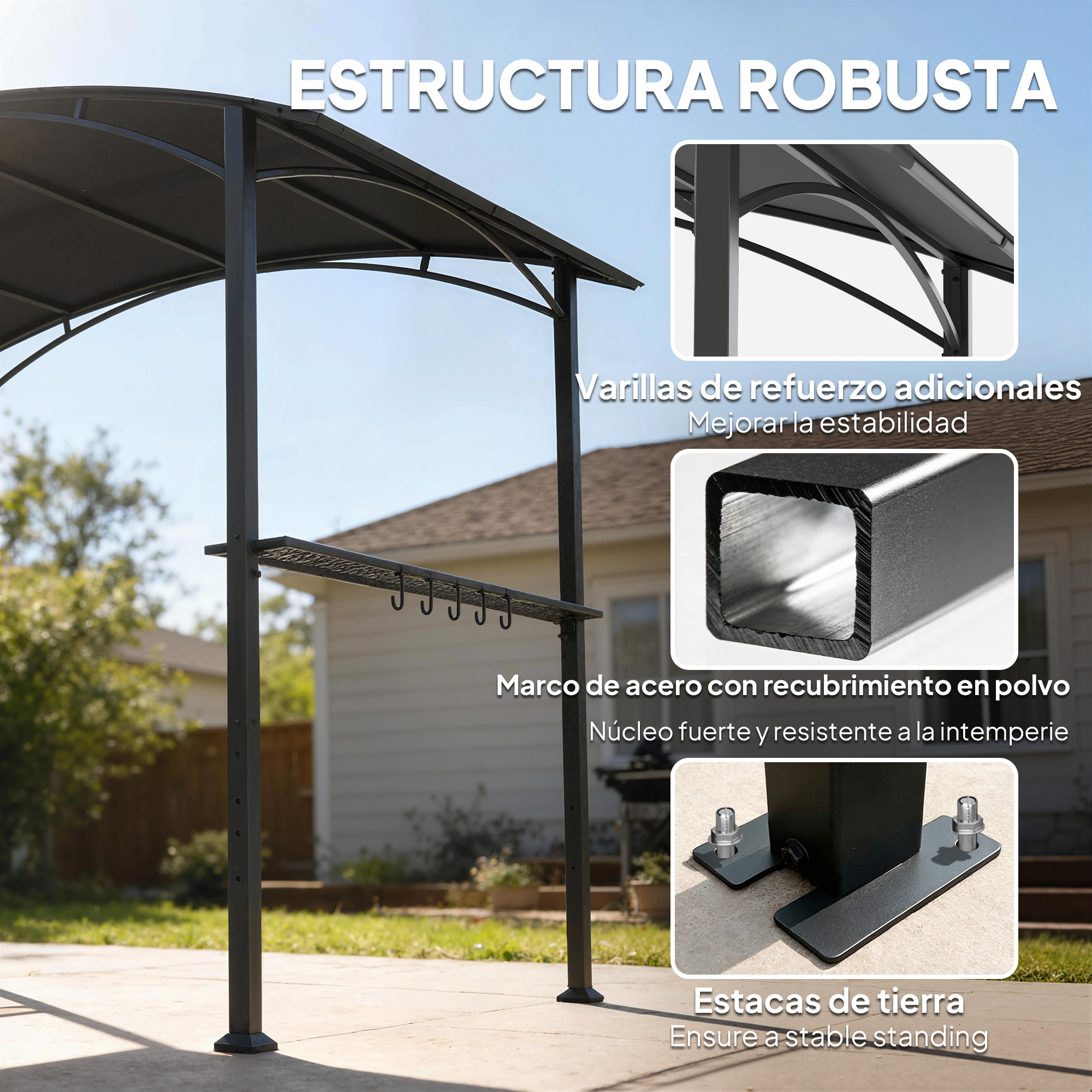 Pérgola negra con estructura reforzada y estacas de tierra.