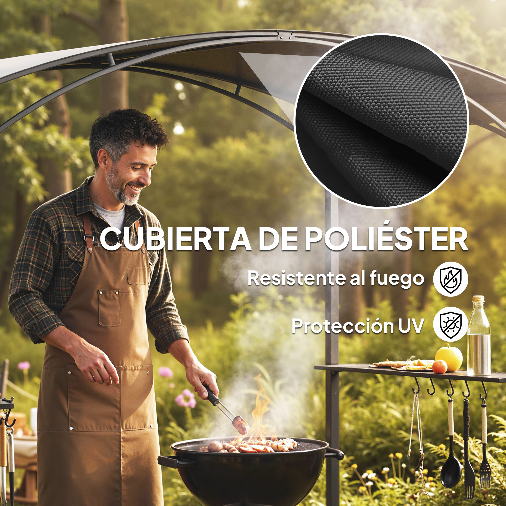 Hombre asando al aire libre bajo un toldo, con primer plano de tela negra.