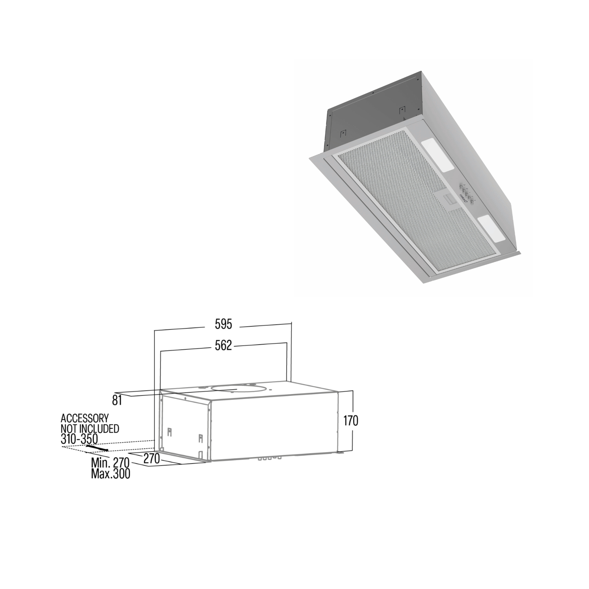 Campana extractora plateada con dimensiones y controles.