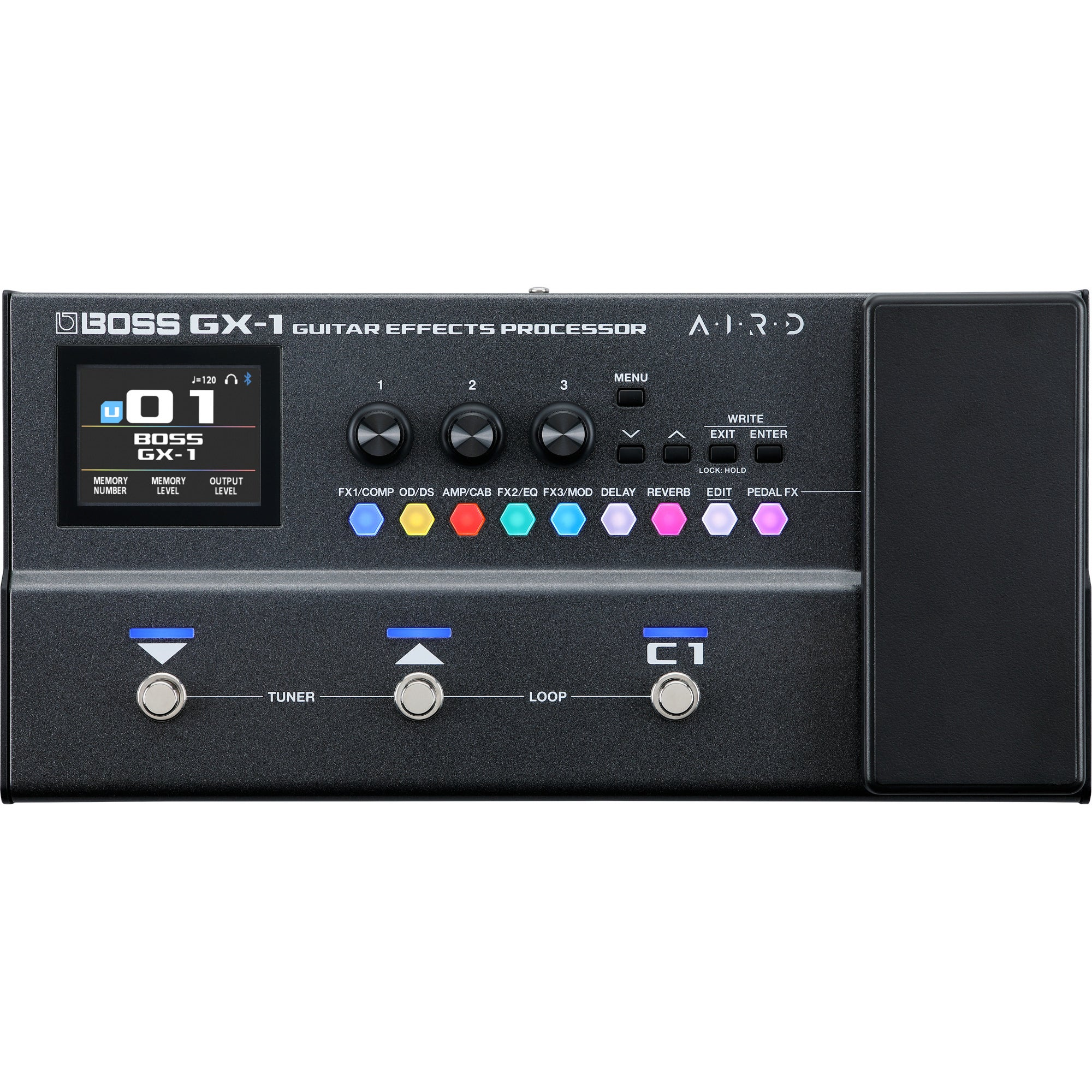 Een zwarte BOSS GX-1 gitaareffectprocessor met display, knoppen en voetschakelaars.