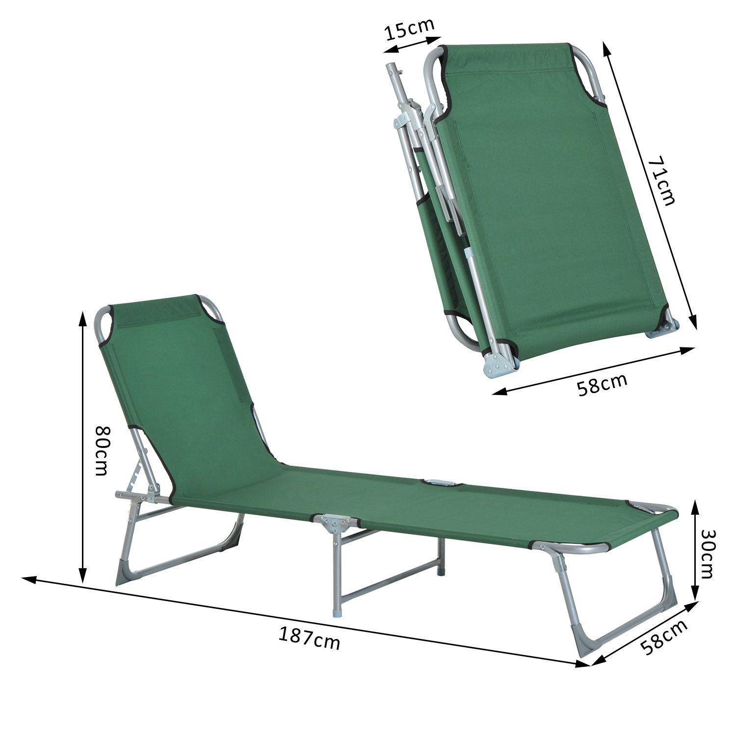 Tumbona plegable verde con dimensiones mostradas. Una abierta, una plegada.