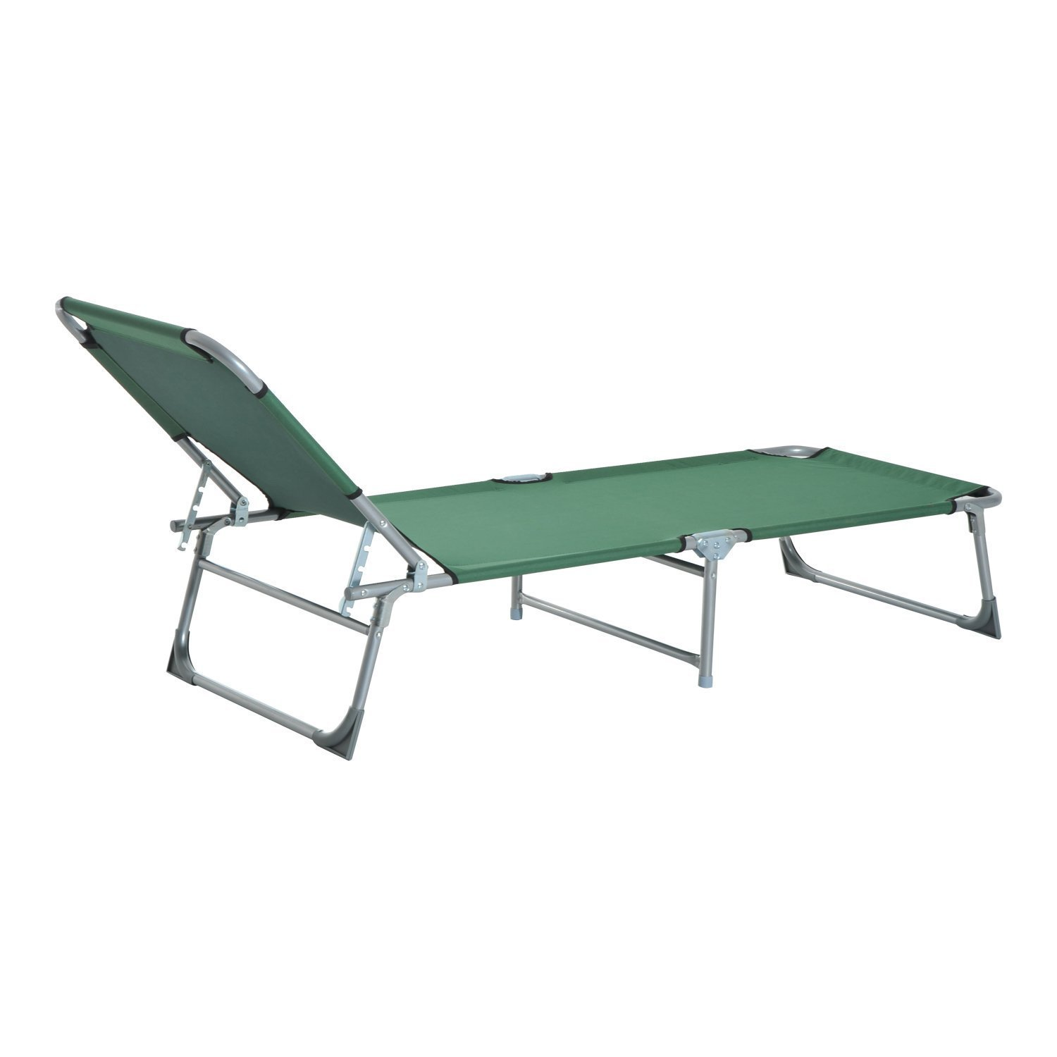 Tumbona plegable verde con respaldo ajustable y marco plateado.