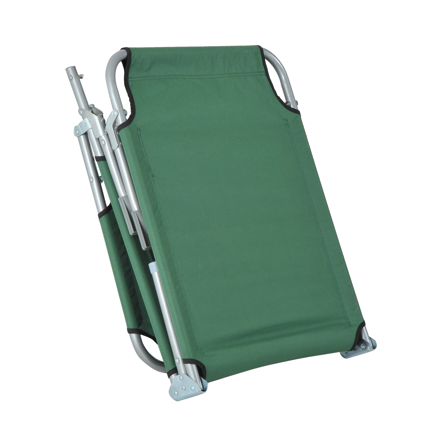 Una tumbona plegable verde con estructura metálica.