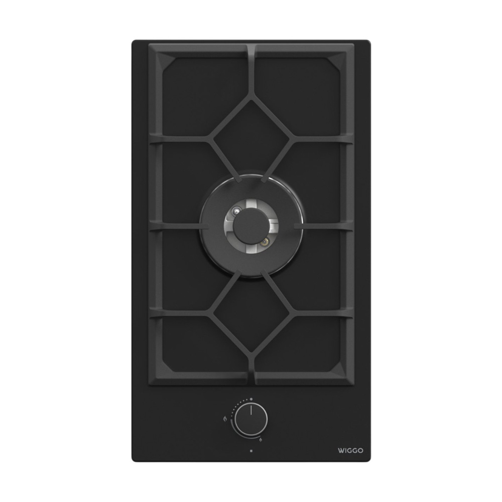 Zwart gaskookplaat met één brander, rooster en draaiknop.