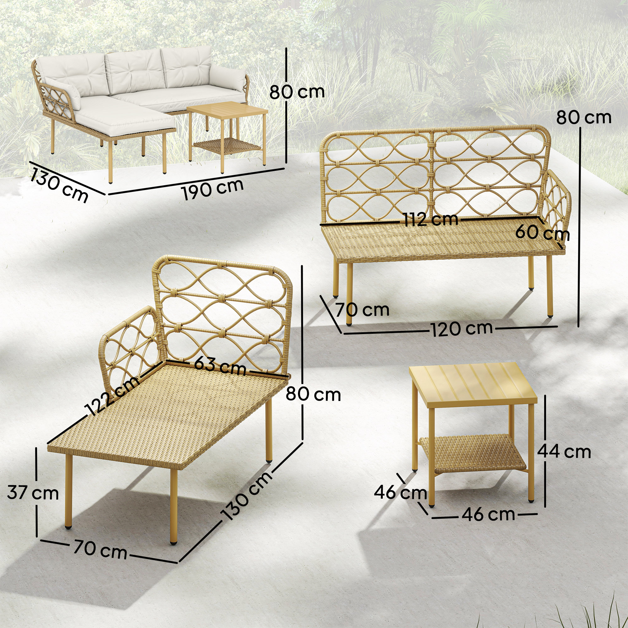 Muebles de mimbre con dimensiones: sofá, tumbona, banco, mesa.