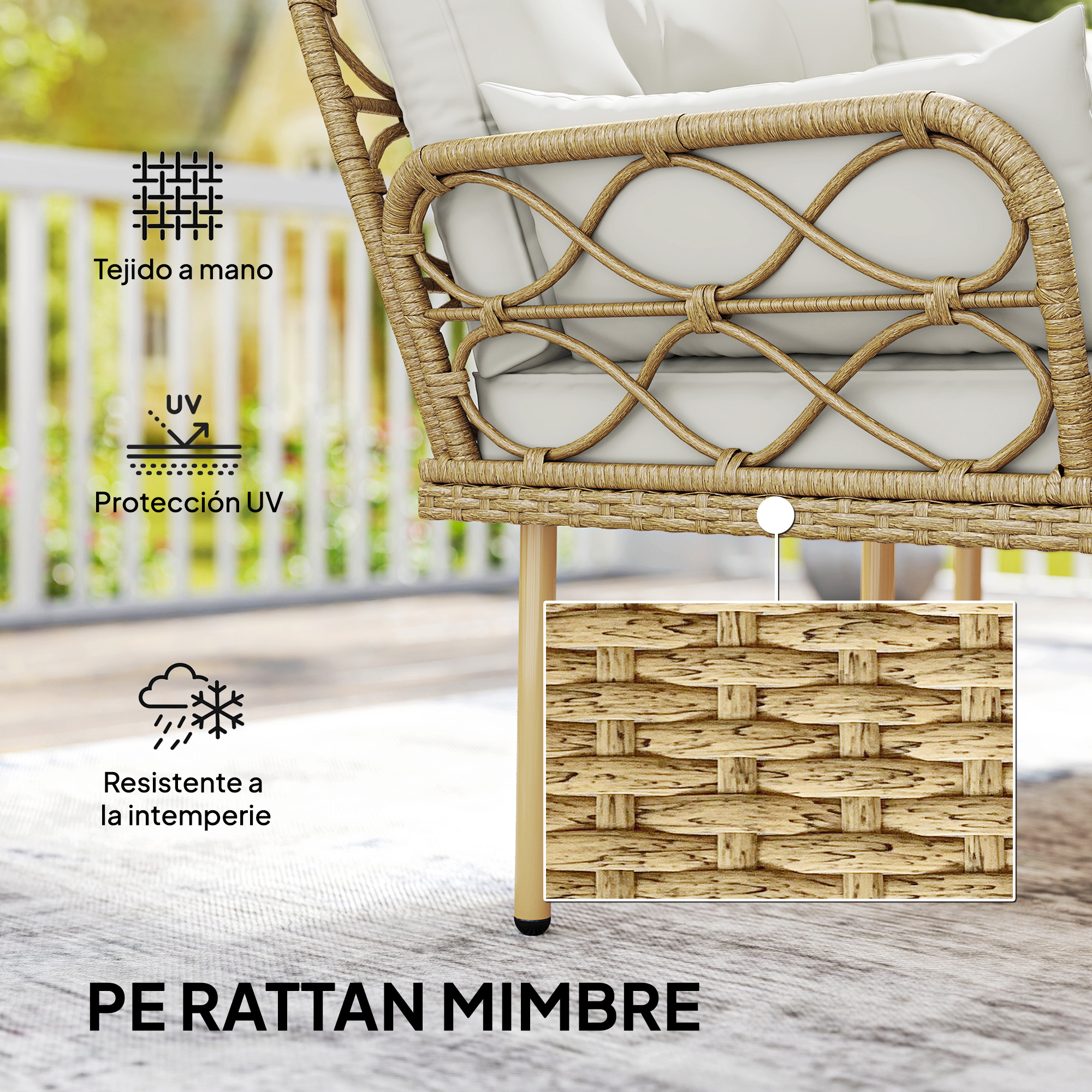Sillón tejido con cojines blancos, protección UV y resistencia a la intemperie.