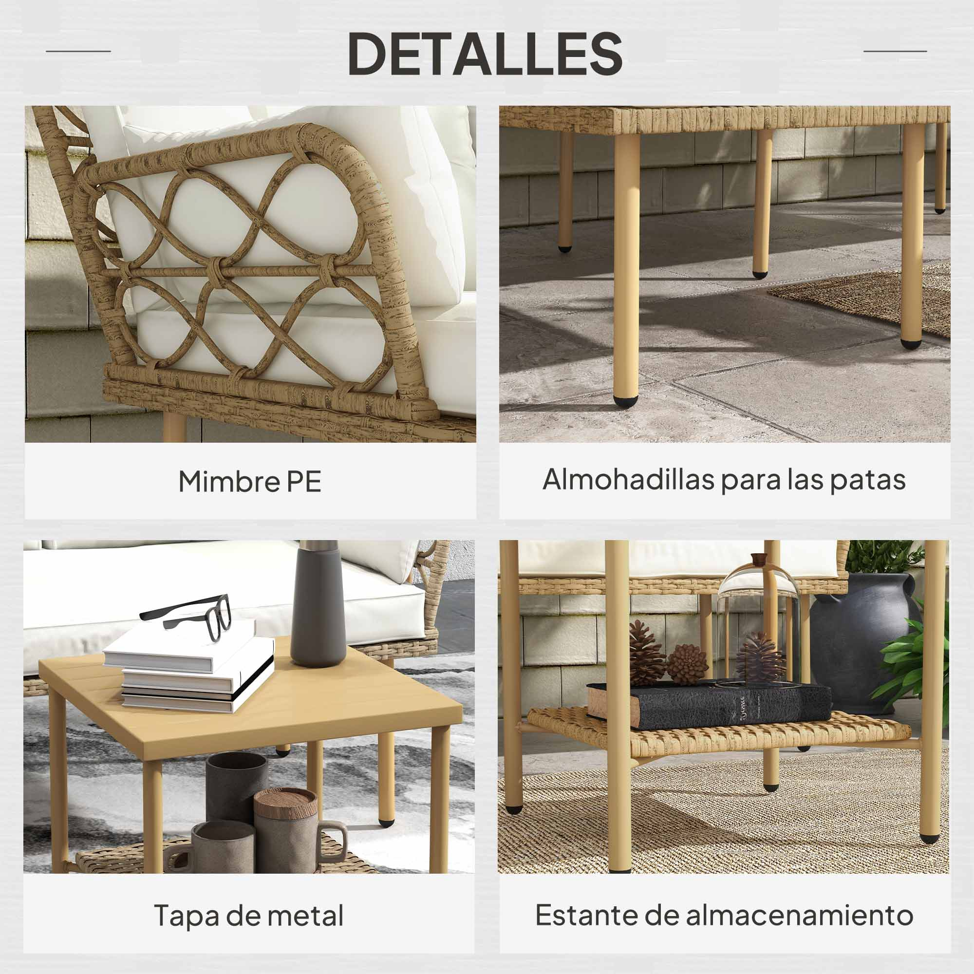 La imagen muestra detalles de un juego de muebles de mimbre.