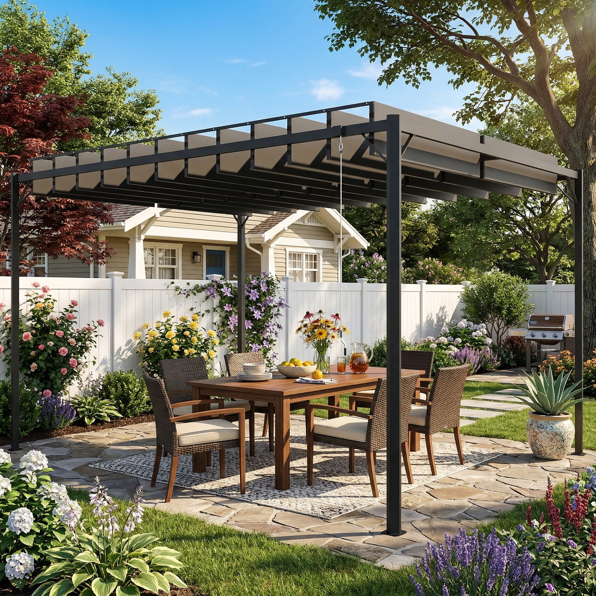 Conjunto de comedor exterior bajo pérgola con parrilla.