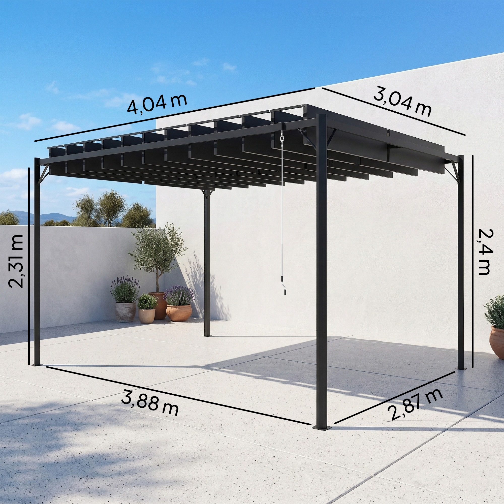 Pérgola negra con dimensiones: 4,04m x 3,04m, altura 2,31m/2,4m.