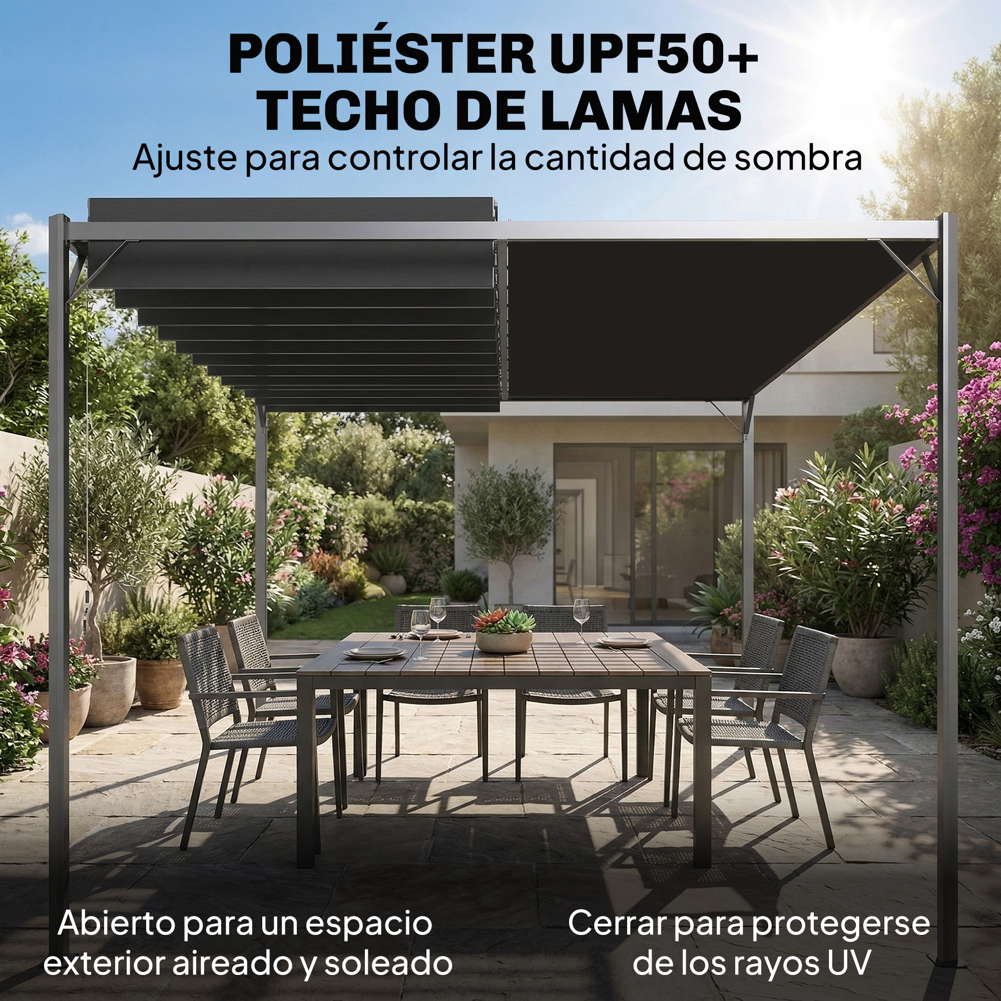 Una pérgola moderna con techo de lamas ajustable sobre una mesa de comedor exterior.