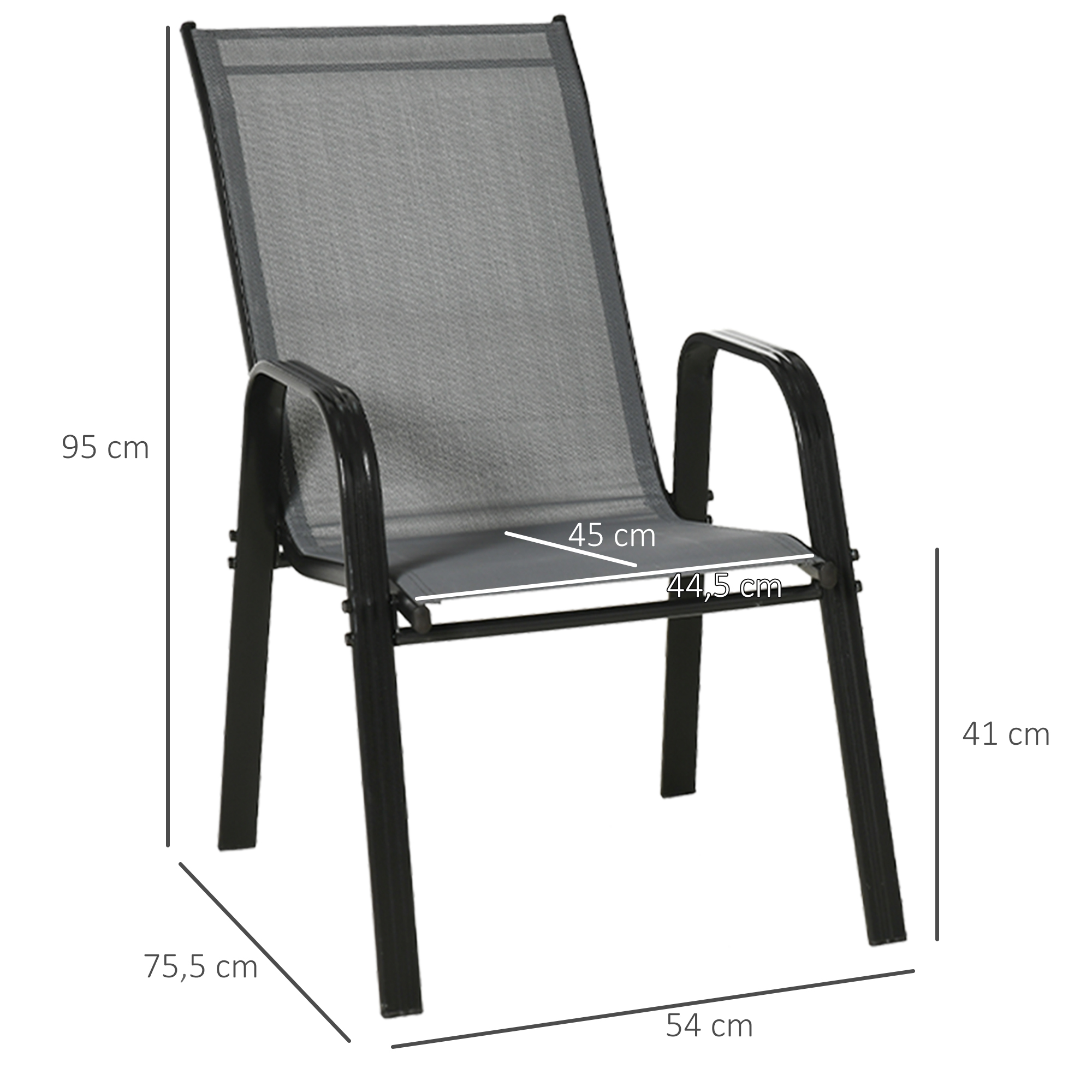 Silla de tela gris con patas y brazos de metal negro, se muestran las dimensiones.
