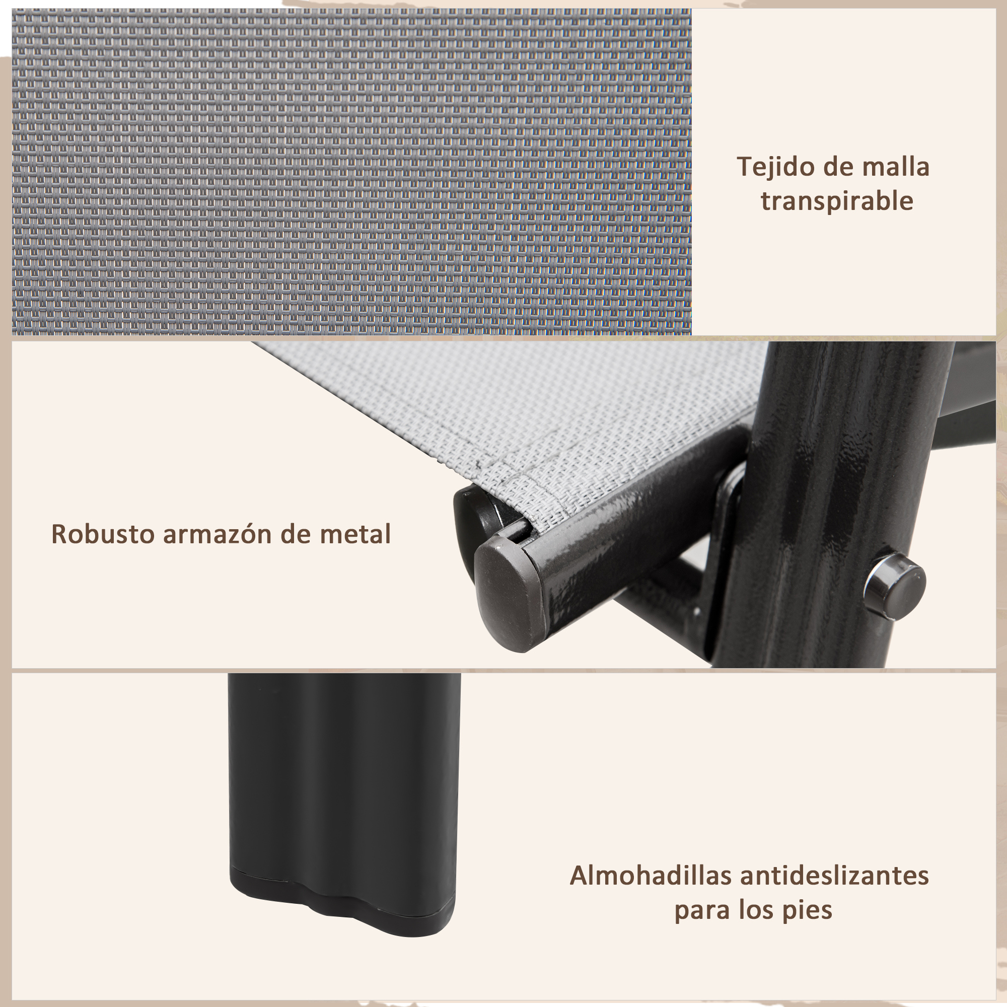 Tejido de malla gris, marco metálico robusto, pies negros antideslizantes.