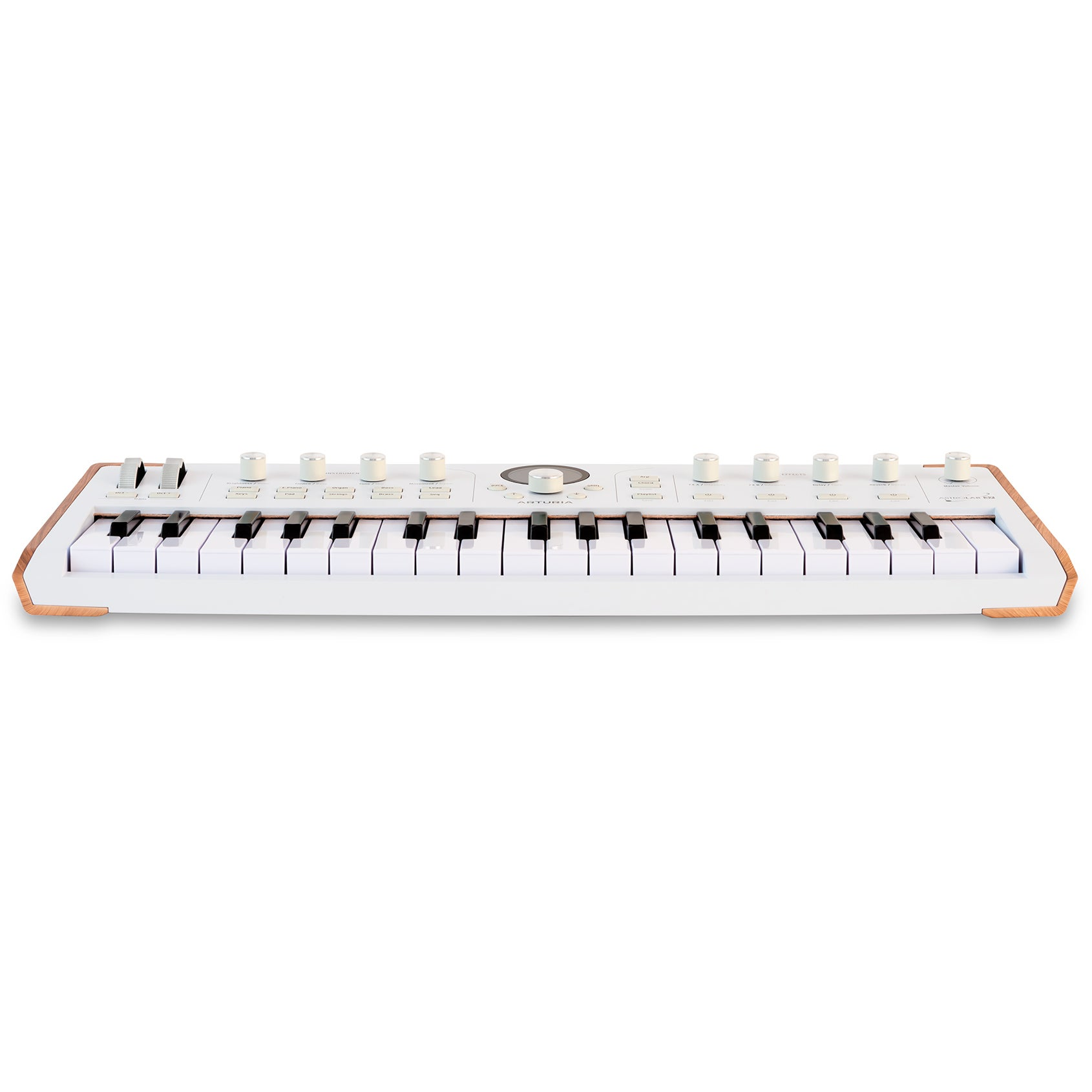 A white keyboard with wood accents, featuring numerous buttons and keys.