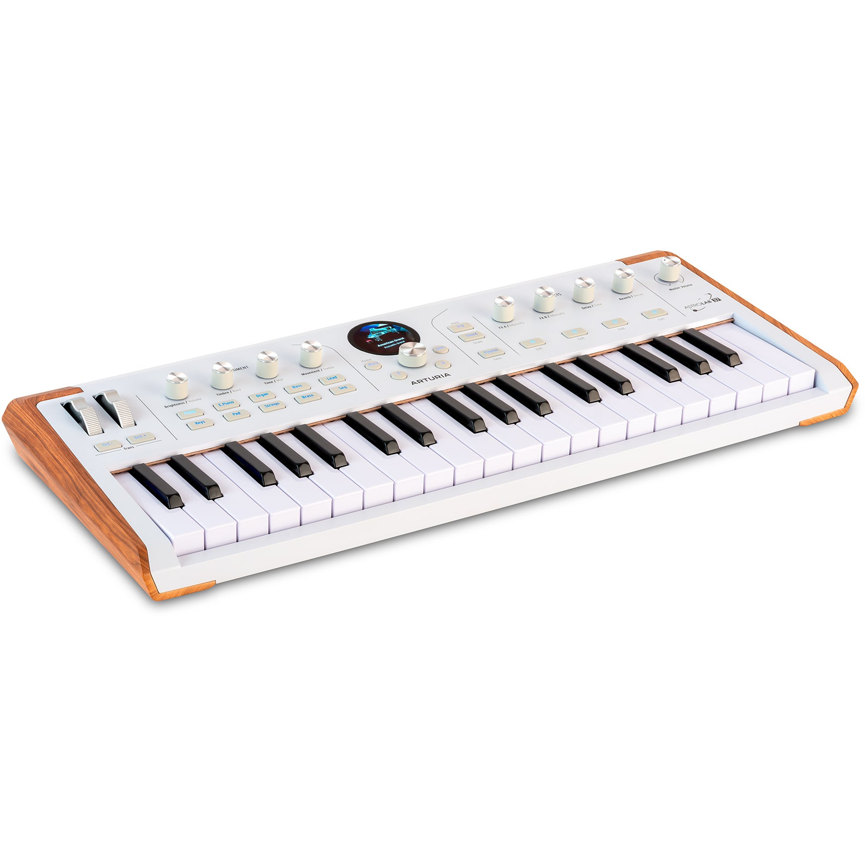 A white Arturia Astrolab synthesizer with wooden sides and black and white keys.