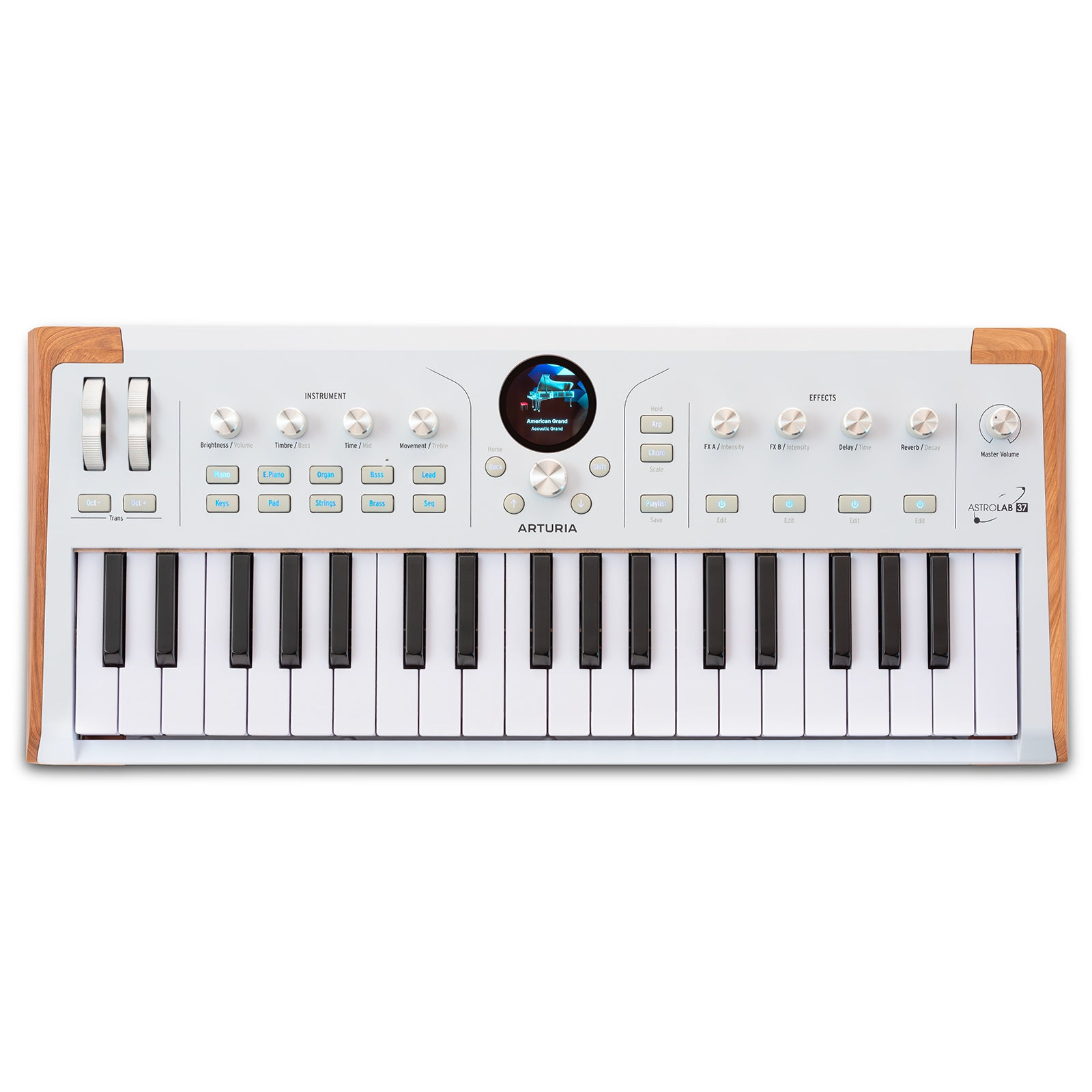 White Arturia Astrolab 37 synthesizer with wooden sides and a keyboard.