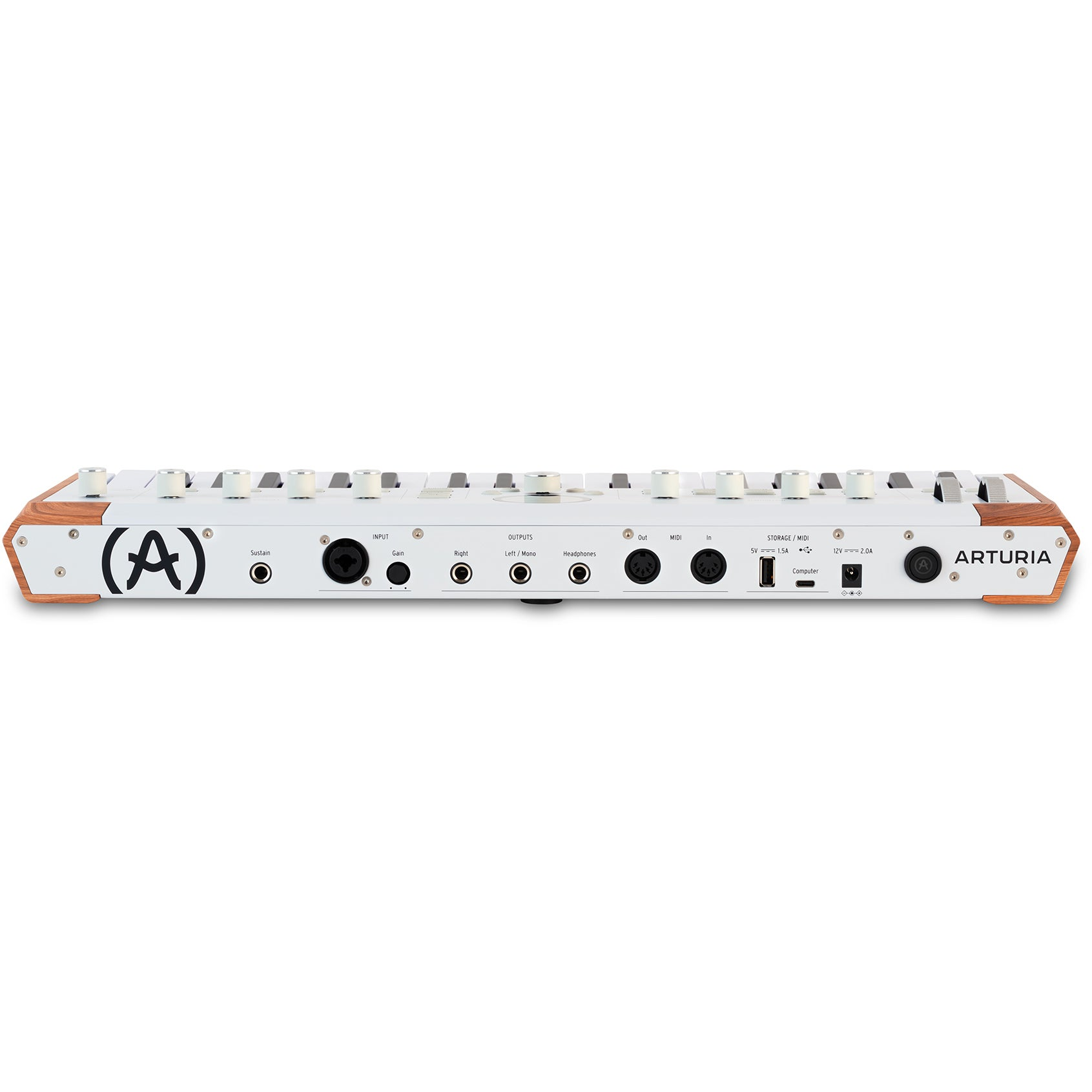 A white Arturia synthesizer keyboard with wooden sides and many ports.