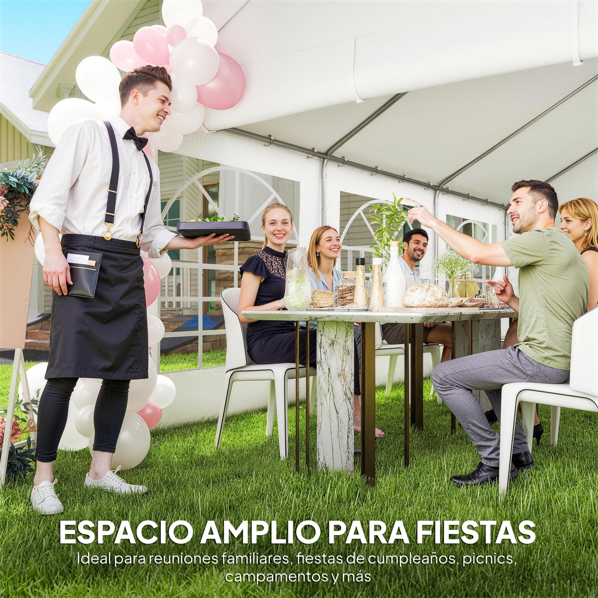 Un camarero sirve comida a una mesa con invitados. Hay globos en el fondo.