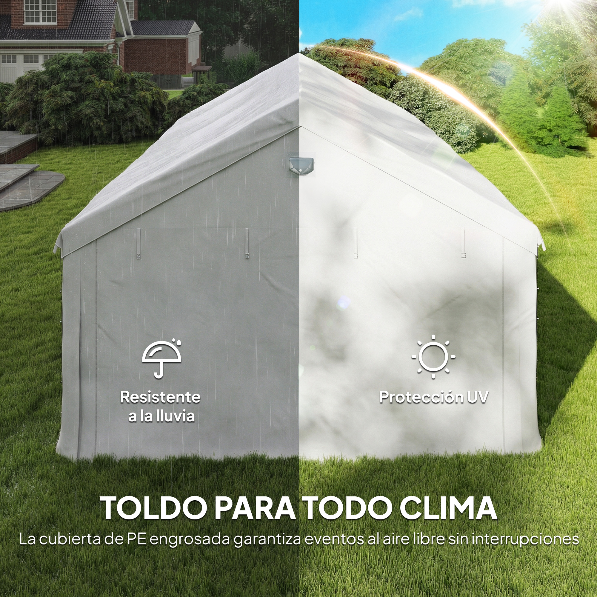 Una carpa dividida: lado izquierdo muestra lluvia, lado derecho muestra sol con protección UV.