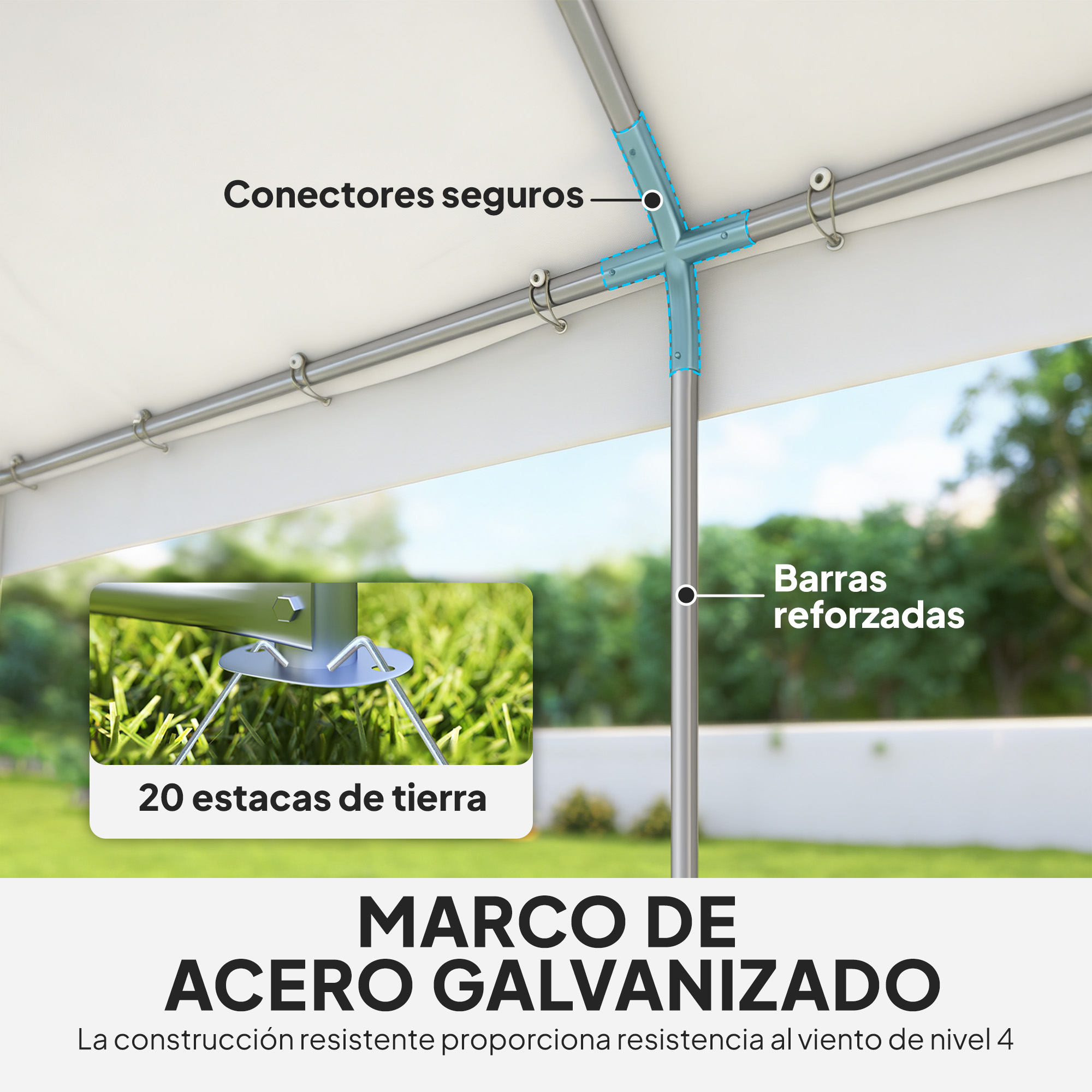 Marco de acero galvanizado con conectores seguros y barras reforzadas.