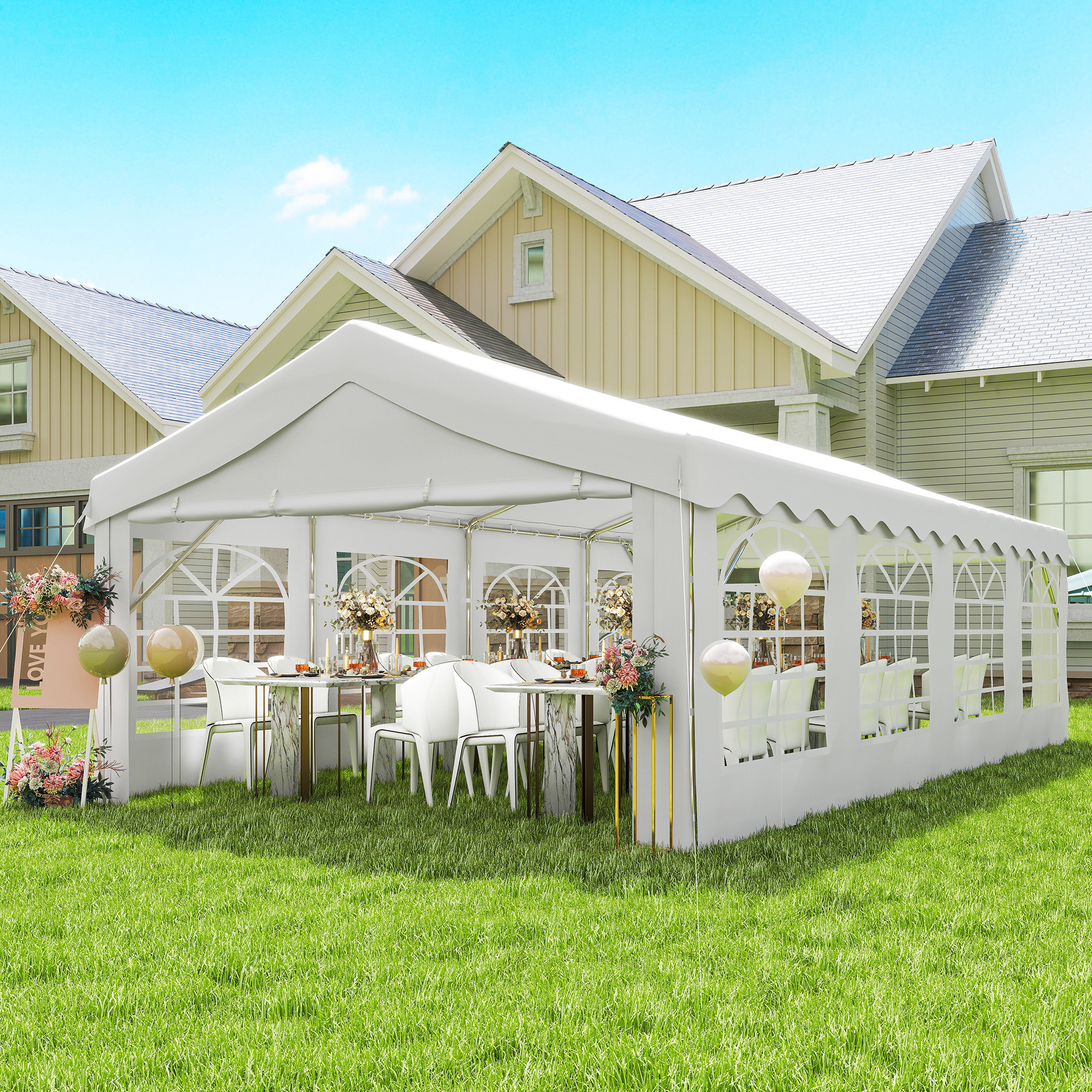 Carpa blanca con mesas y sillas dispuestas para un evento en un césped verde.