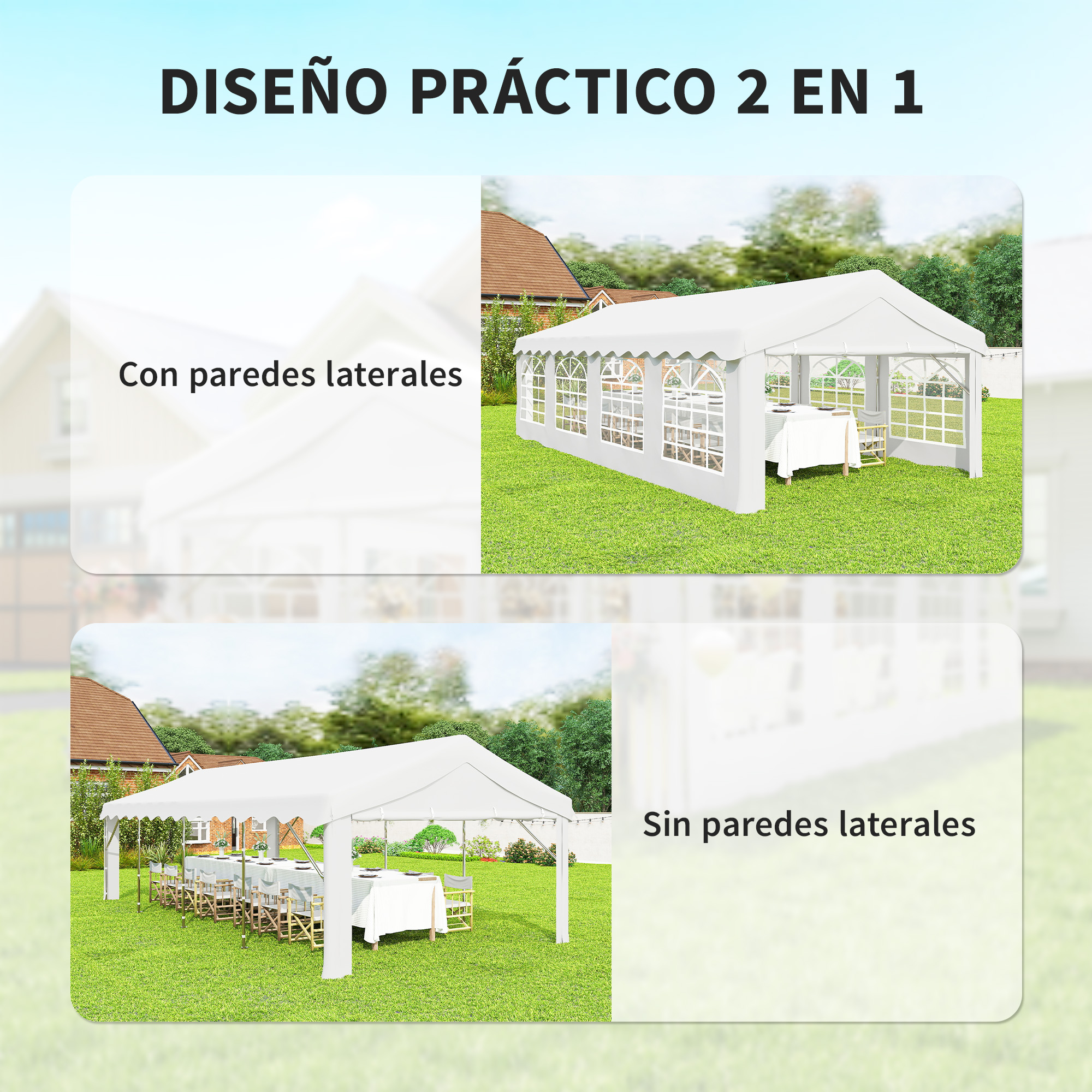 Dos carpas blancas al aire libre sobre césped. Una con ventanas, la otra abierta.