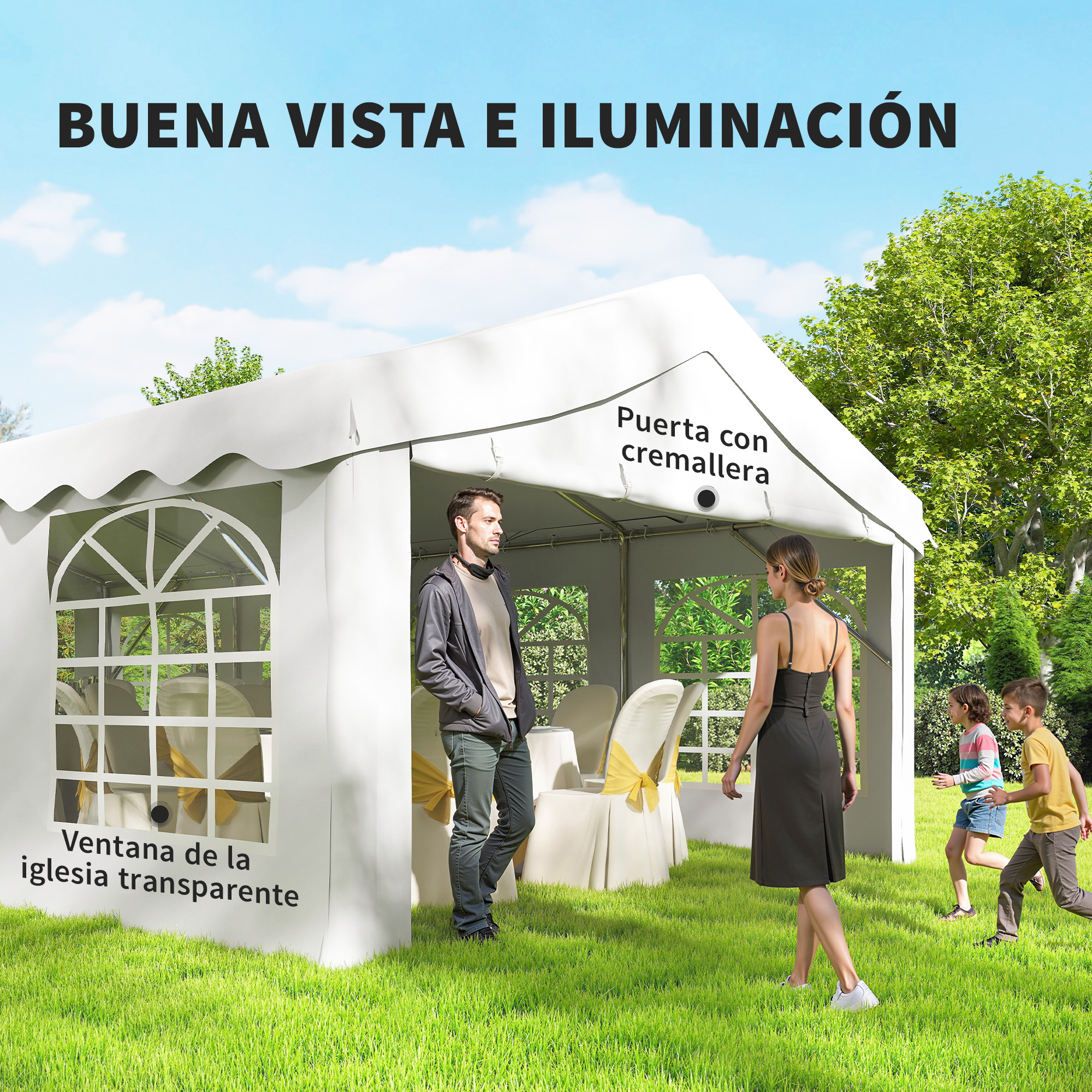 Una carpa blanca con ventanas y sillas dentro, gente afuera en el césped.