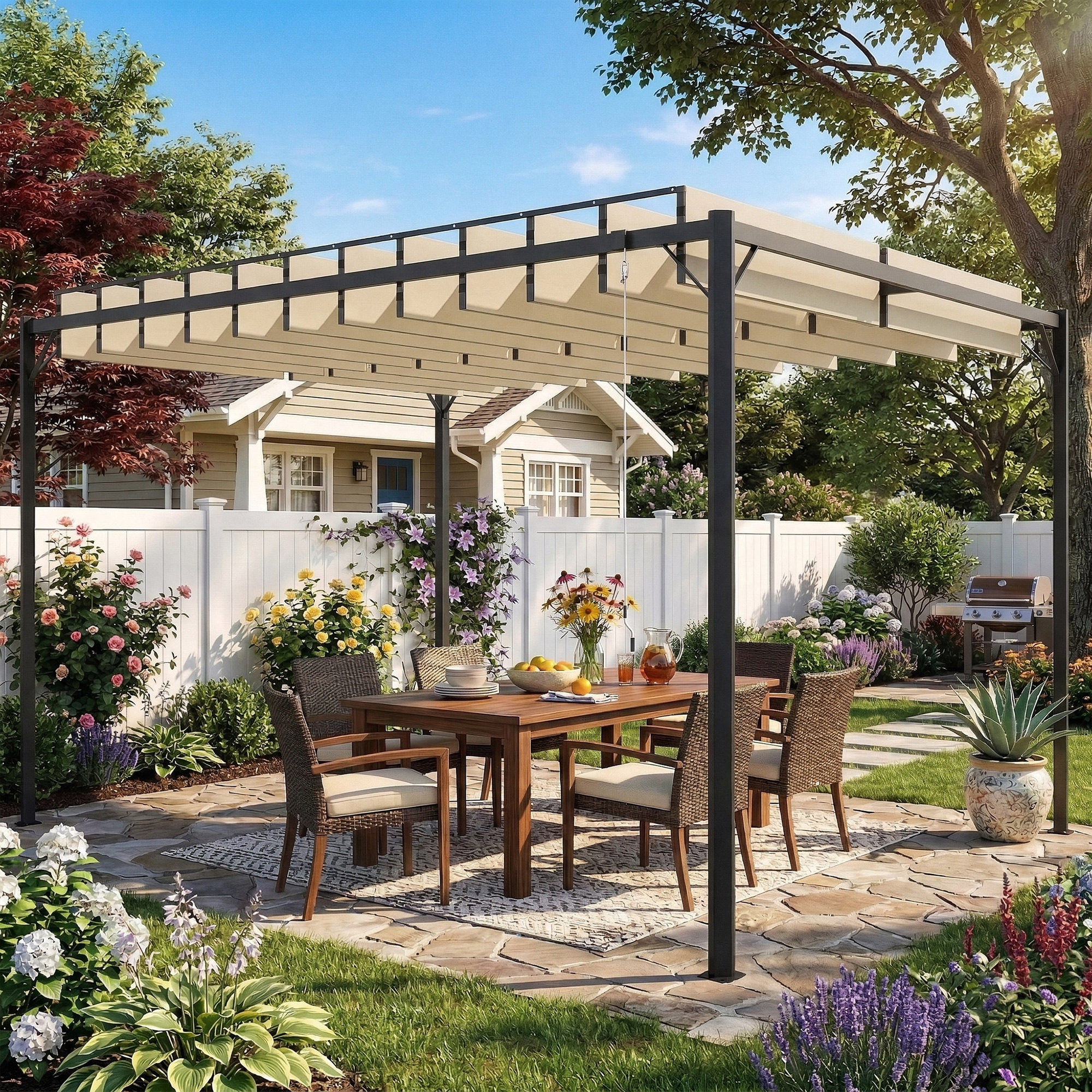 Patio exterior con pérgola, mesa de comedor, parrilla y jardín exuberante.