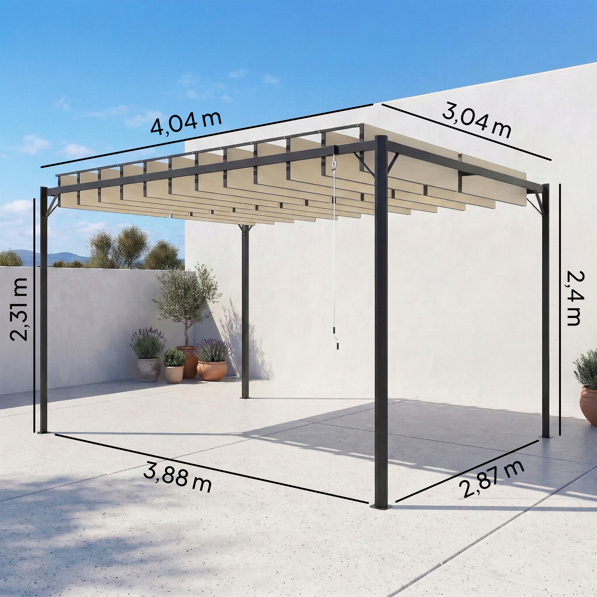 Una pérgola beige con soportes oscuros sobre un patio pavimentado, se muestran las dimensiones.