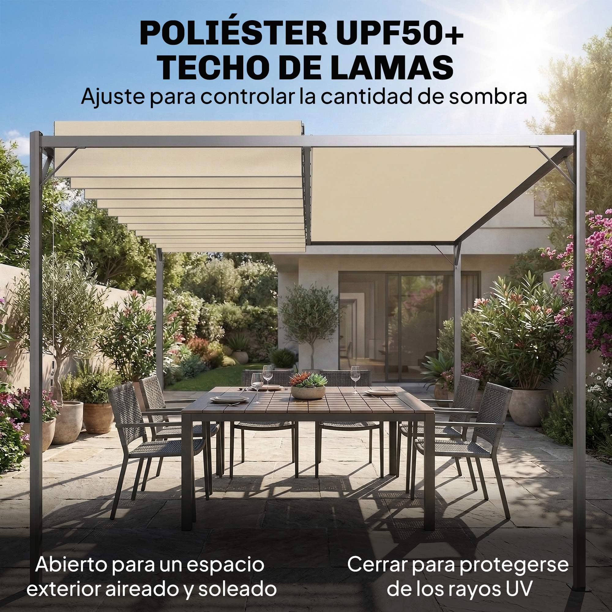 Pérgola de poliéster con lamas ajustables para controlar la sombra.