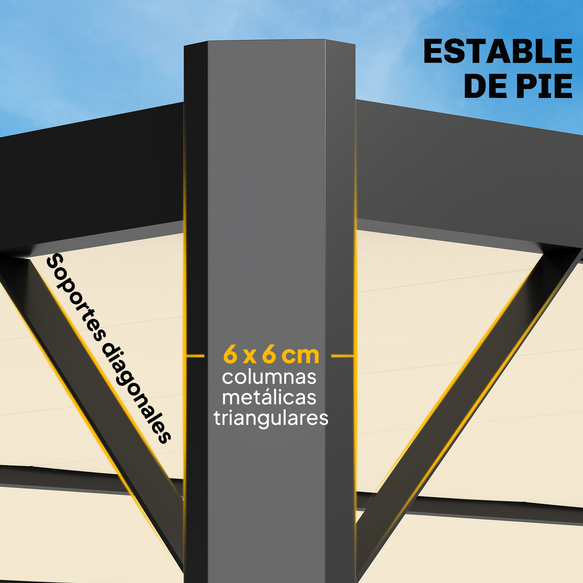 Estructura con columnas grises, ribetes amarillos y techo negro.