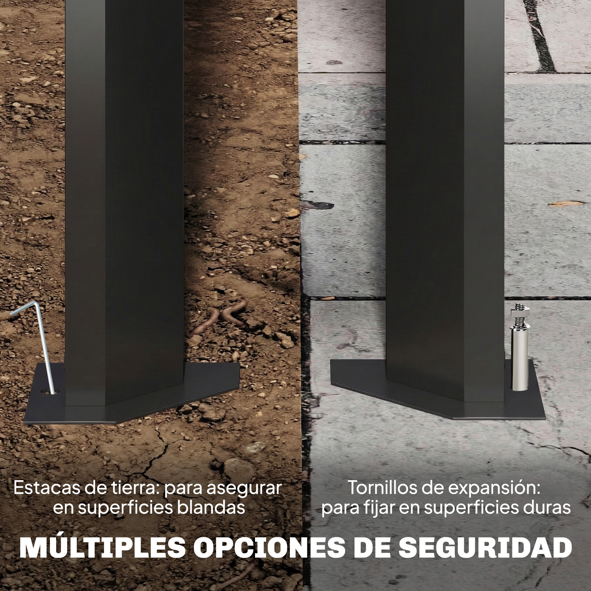 Comparación de estacas de tierra para superficies blandas y tornillos de expansión para superficies duras.