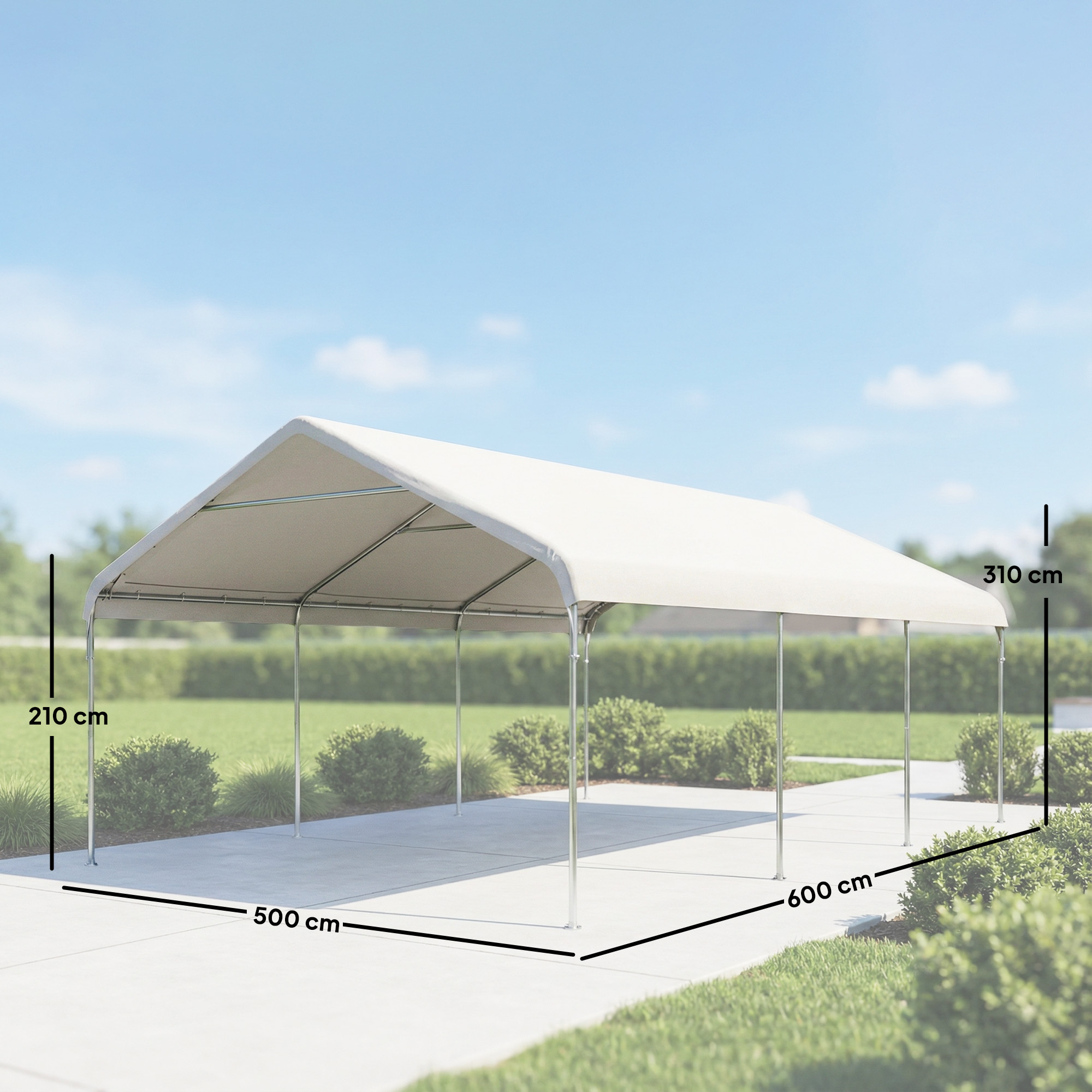 Una carpa toldo de color claro con marco metálico sobre hormigón, 5x6m, altura 2.1/3.1m.