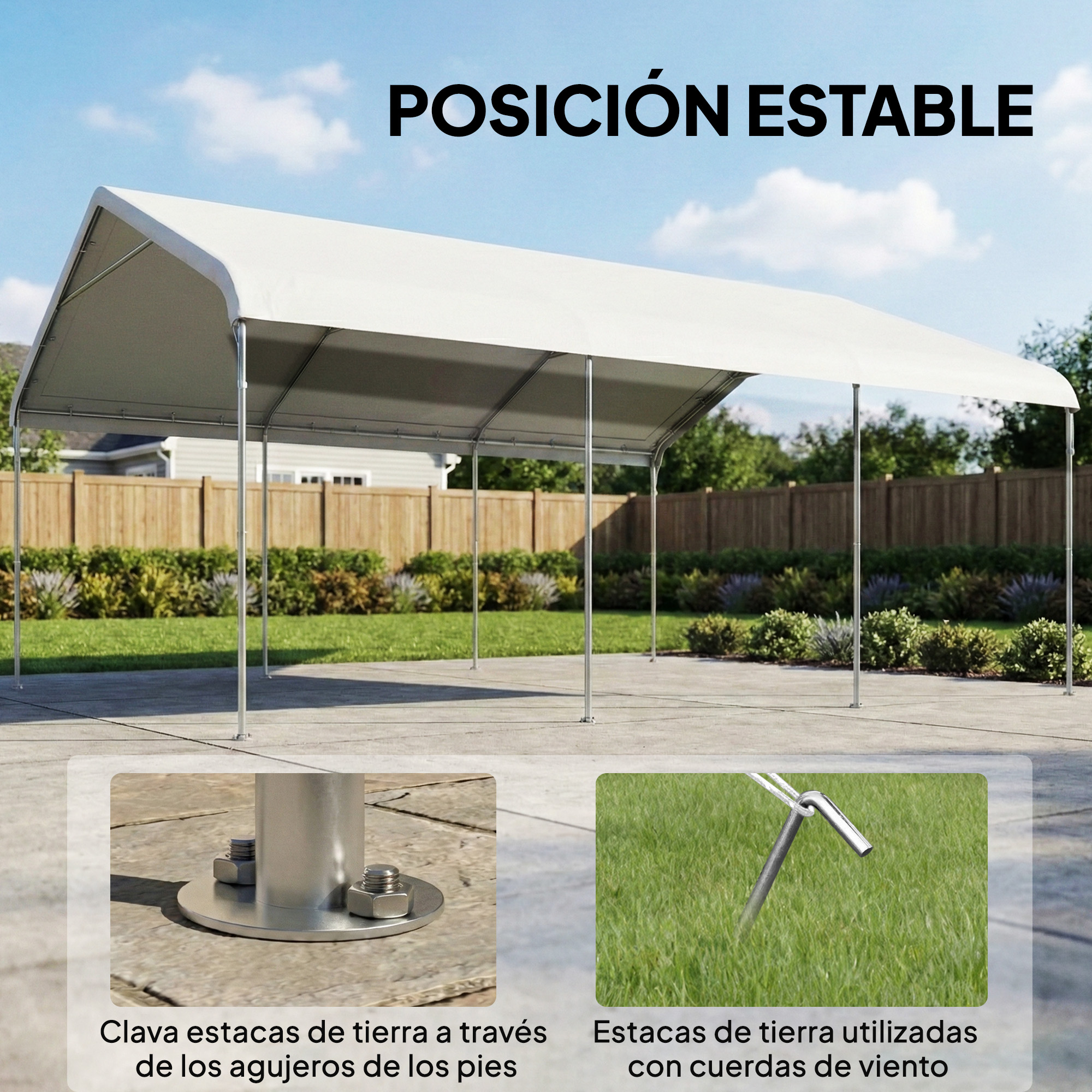 Una carpa blanca con postes metálicos se alza en un patio pavimentado, con primeros planos de anclajes.