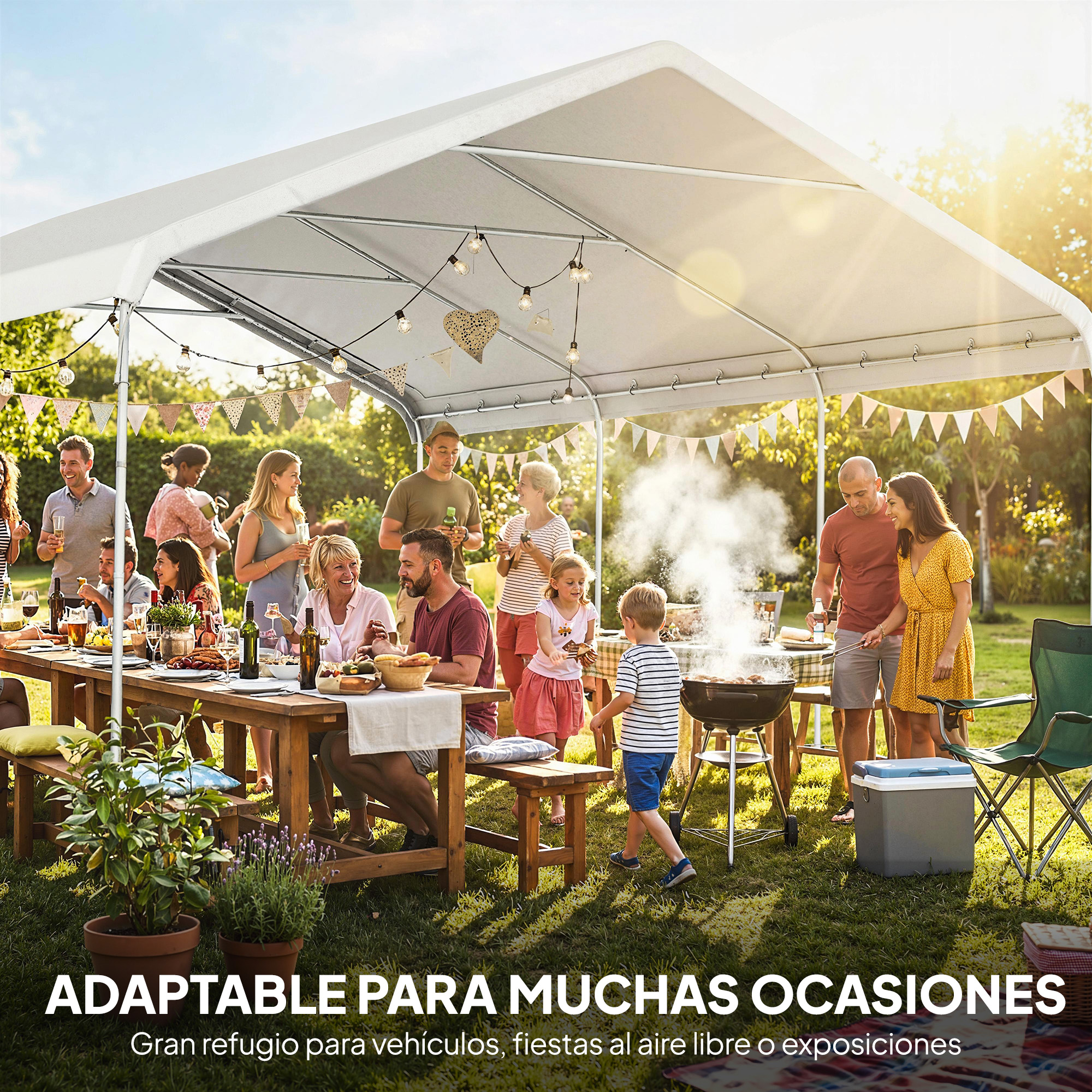 Gente celebra bajo un toldo blanco, asando y comiendo al aire libre.