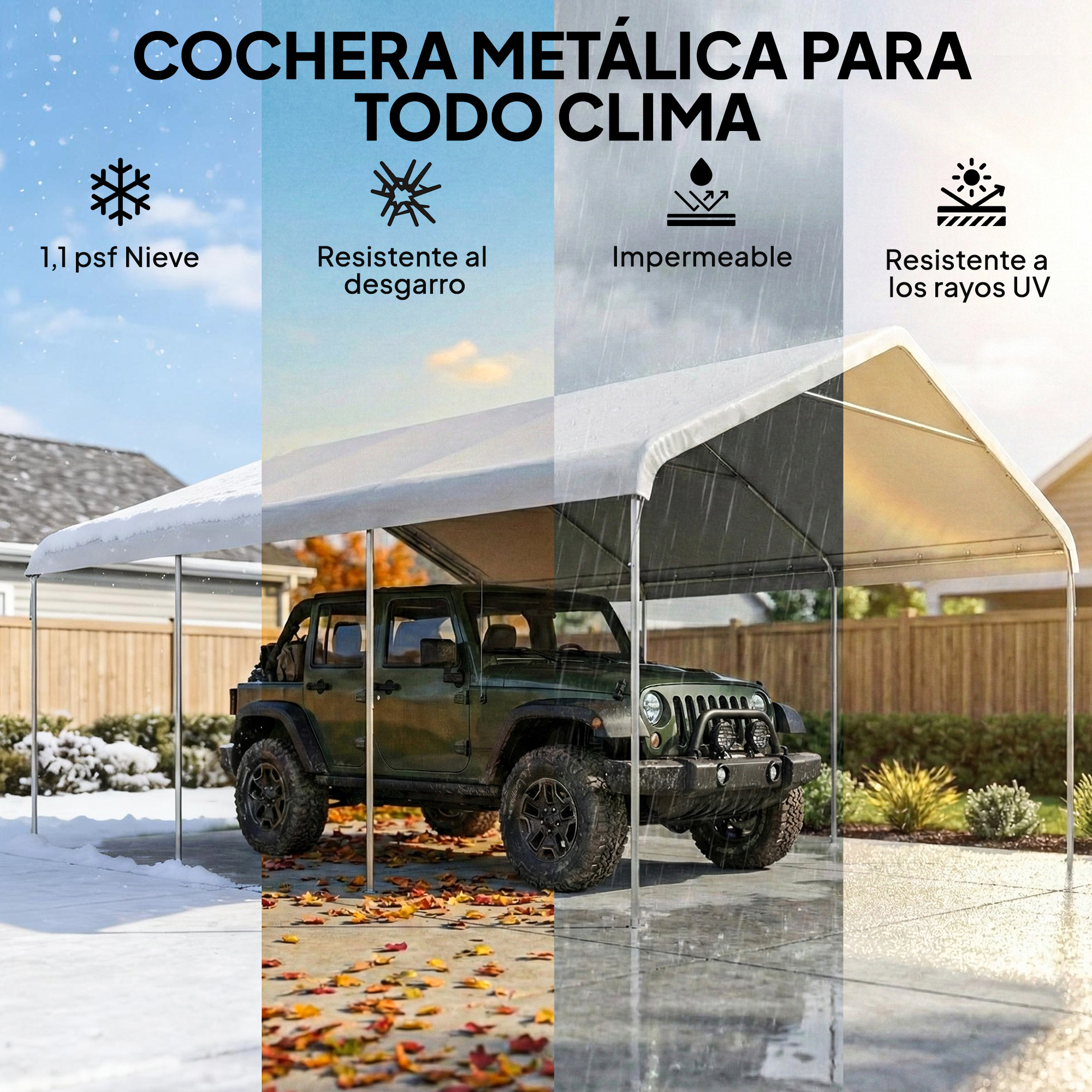 Cochera metálica para todo clima con Jeep debajo, mostrando nieve, lluvia y sol.