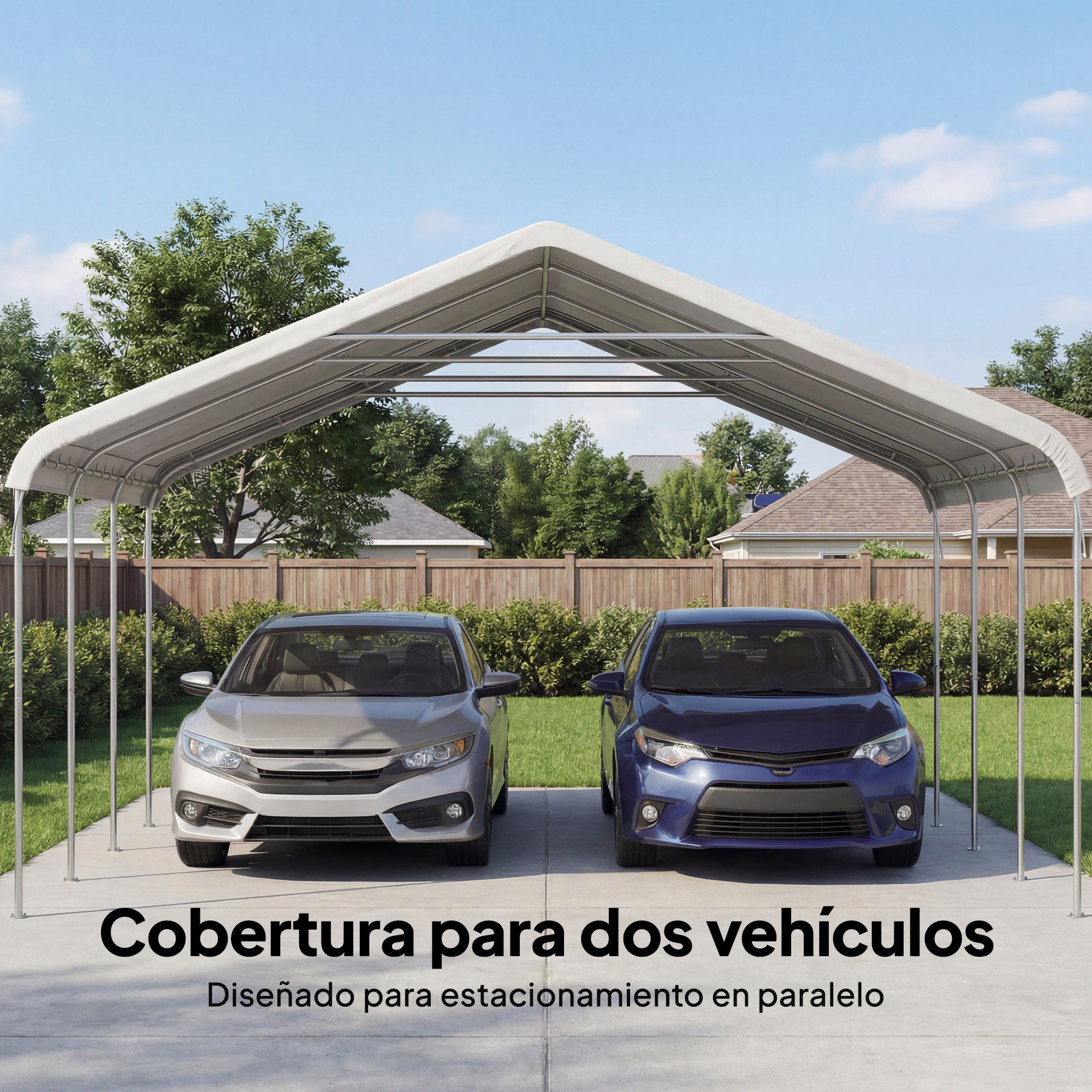 Dos coches aparcados bajo un toldo plateado, con árboles y casas al fondo.