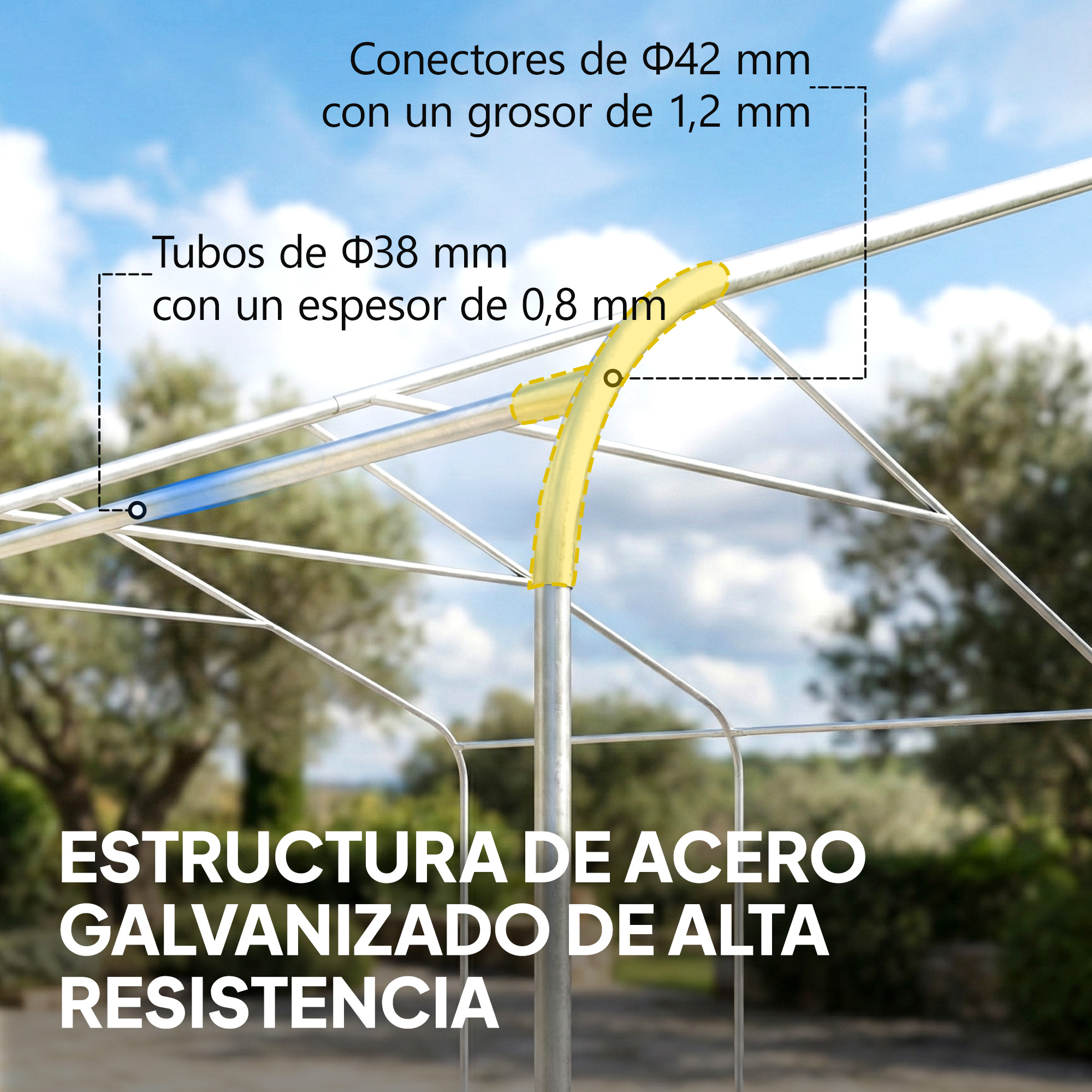 Estructura de acero galvanizado con conectores y tubos.