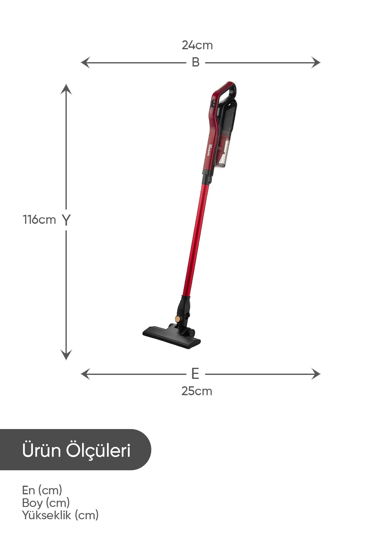 Kırmızı dikey süpürge ölçüleri: 116cm yükseklik, 24cm genişlik, 25cm derinlik.