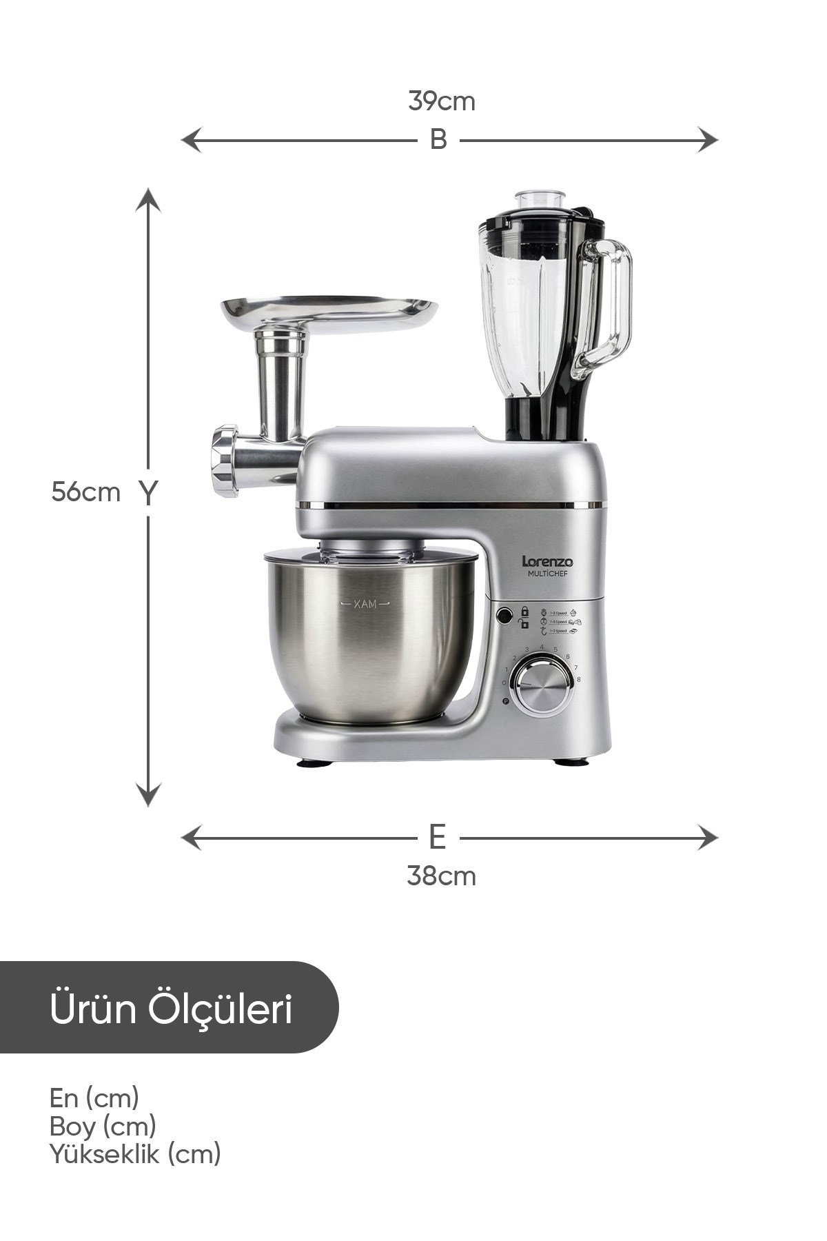 LORENZ Multichef 3'ü 1 Arada Hamur Yoğurma Blender Et Kıyma 1500 W