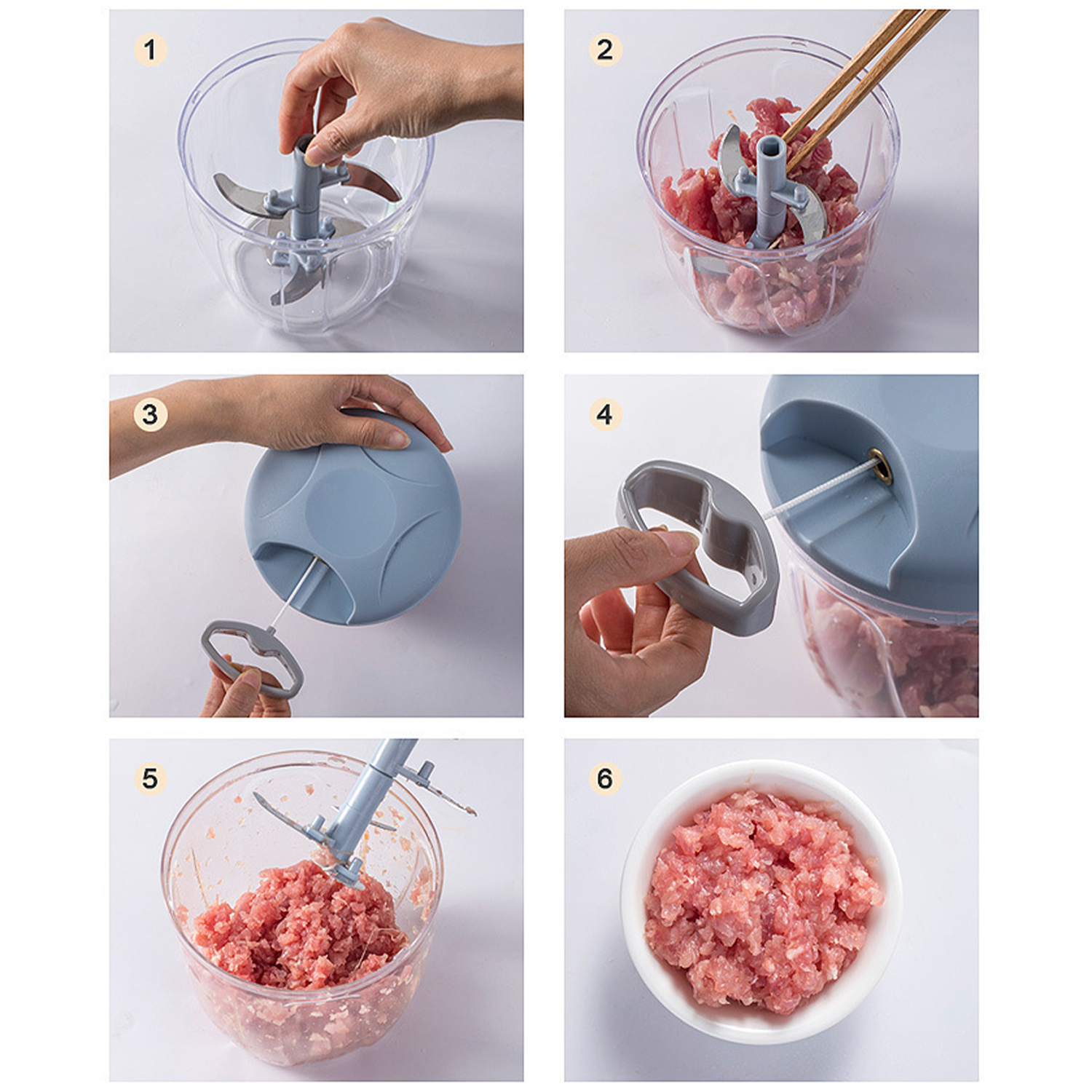 Passaggi per usare un tritacarne manuale: assemblare lame, aggiungere carne, chiudere coperchio, tirare corda, tritare carne, servire.