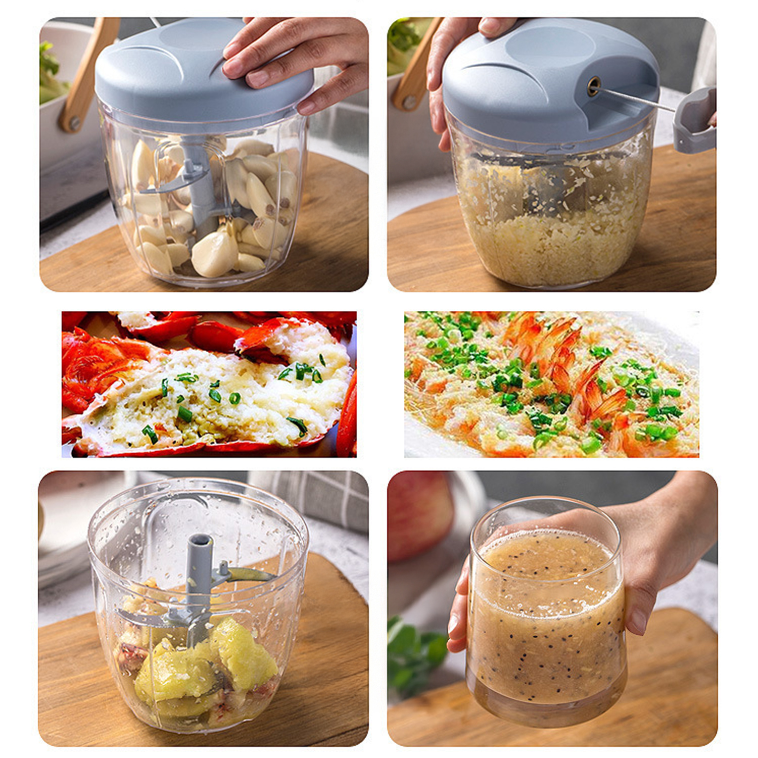 Utensile da cucina: tritare aglio, cuocere gamberi, schiacciare frutta, fare frullato.